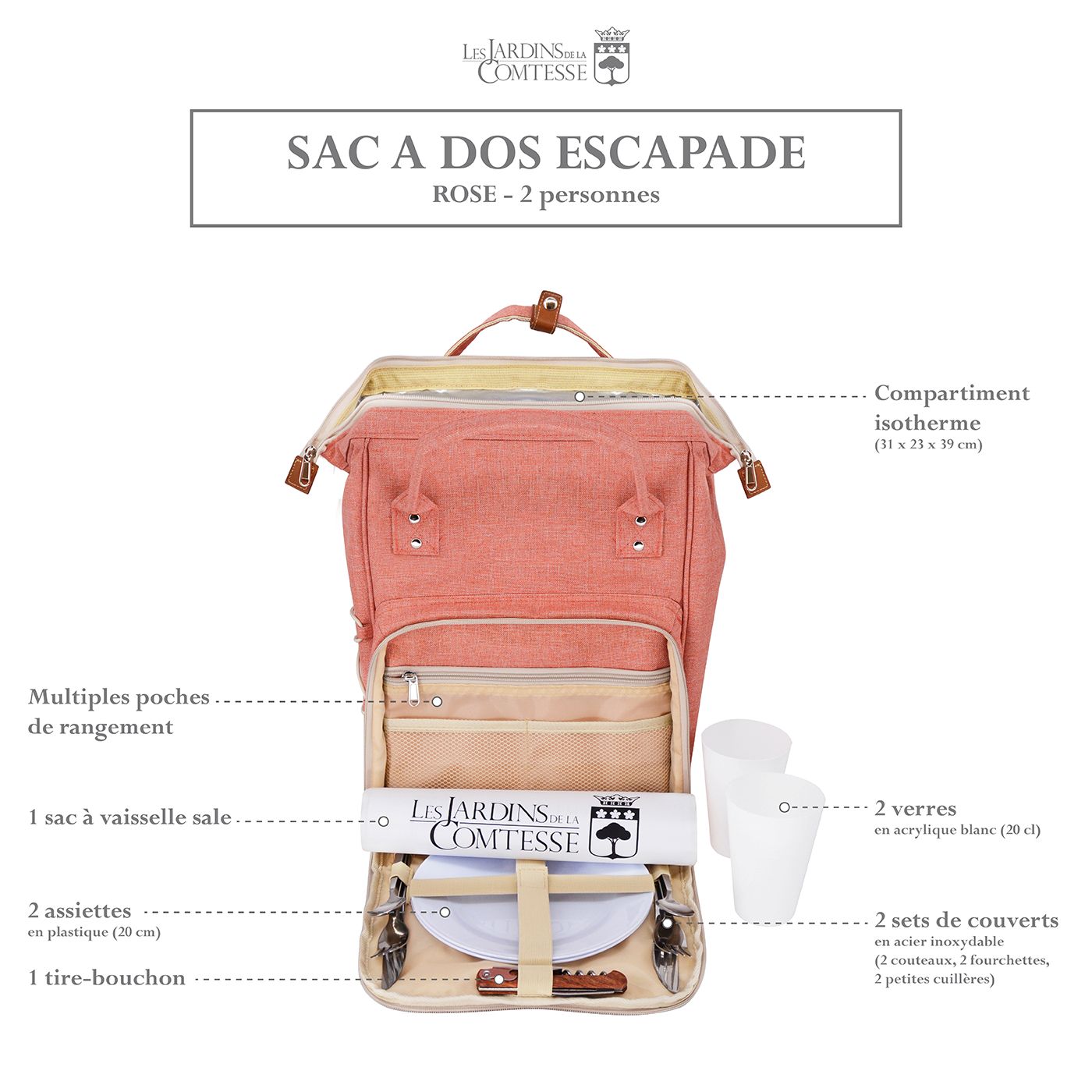 Sac à dos pique-nique Rose - 2 personnes