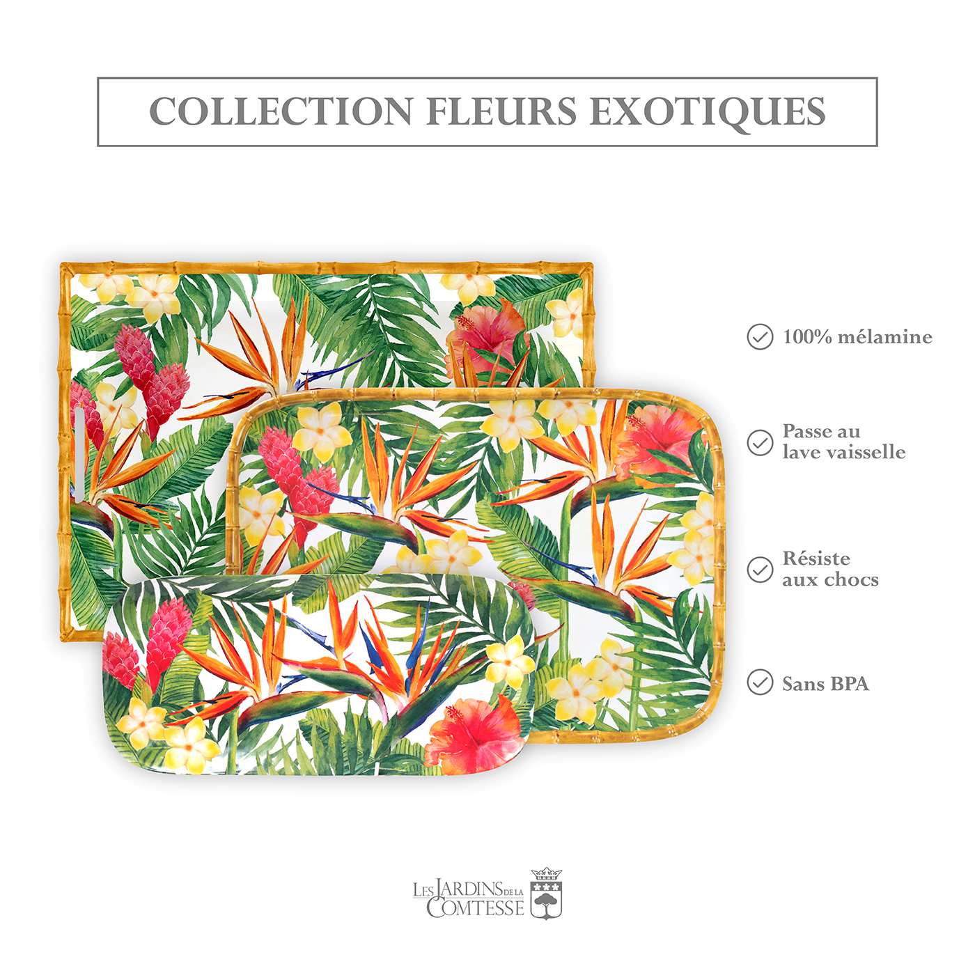 Plateau rectangulaire en mélamine à coins arrondis fleurs - 45 cm