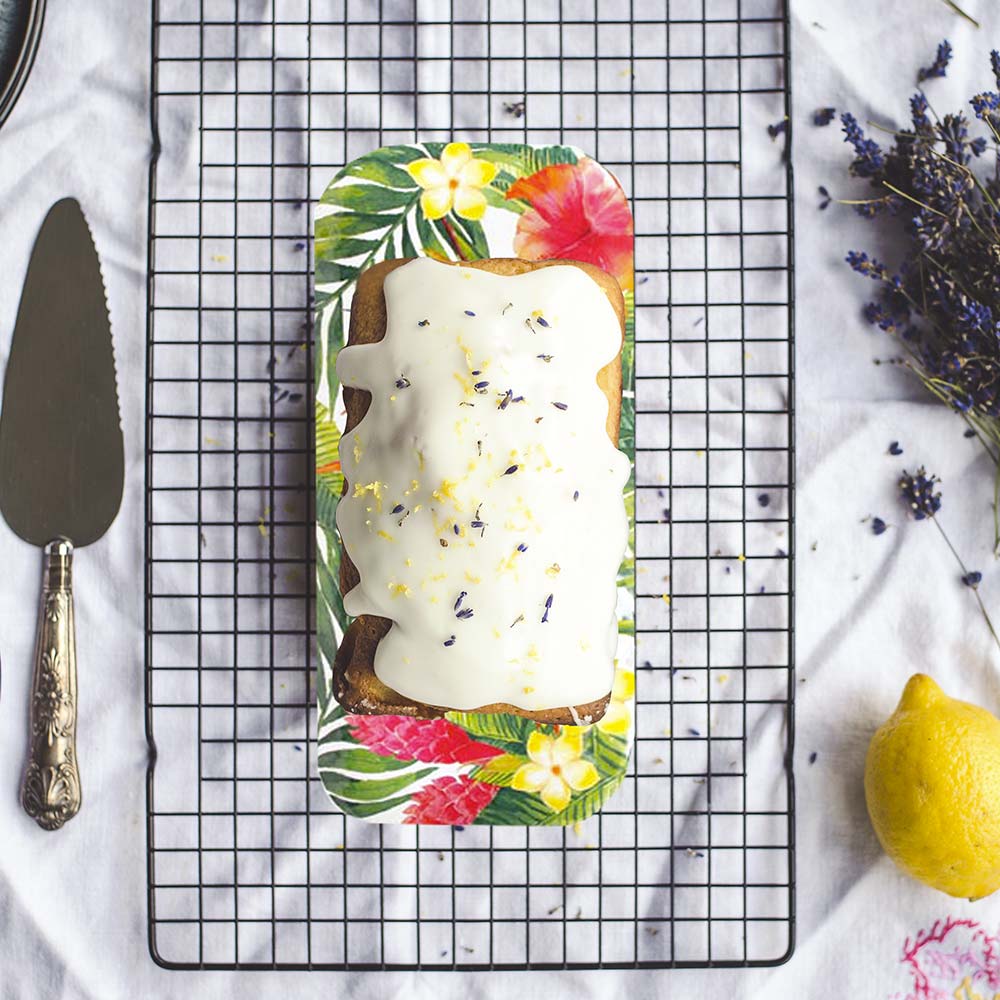 Plat à cake long rectangulaire en mélamine fleurs - 37,5 cm