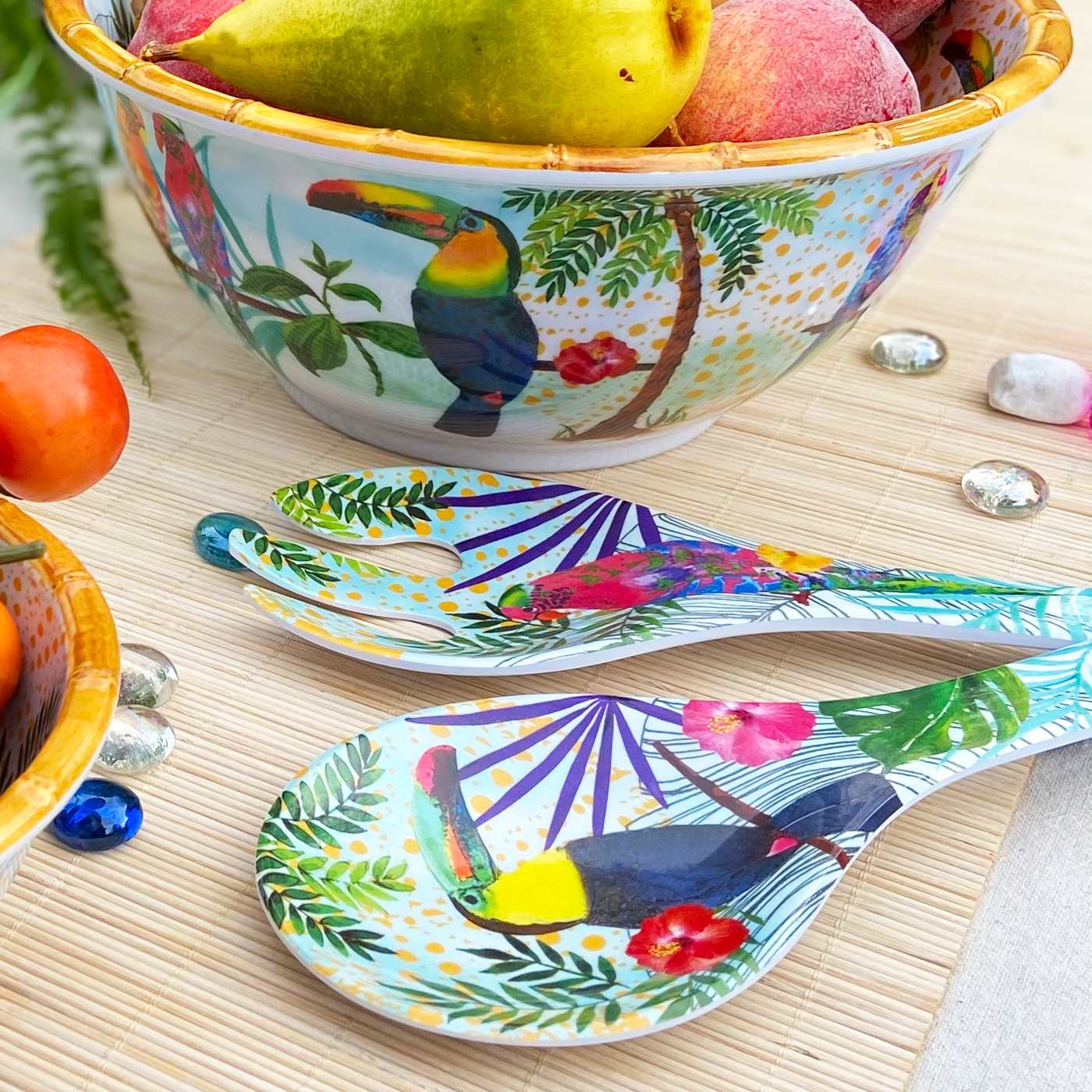 Couverts à salade en mélamine toucans - 33 cm