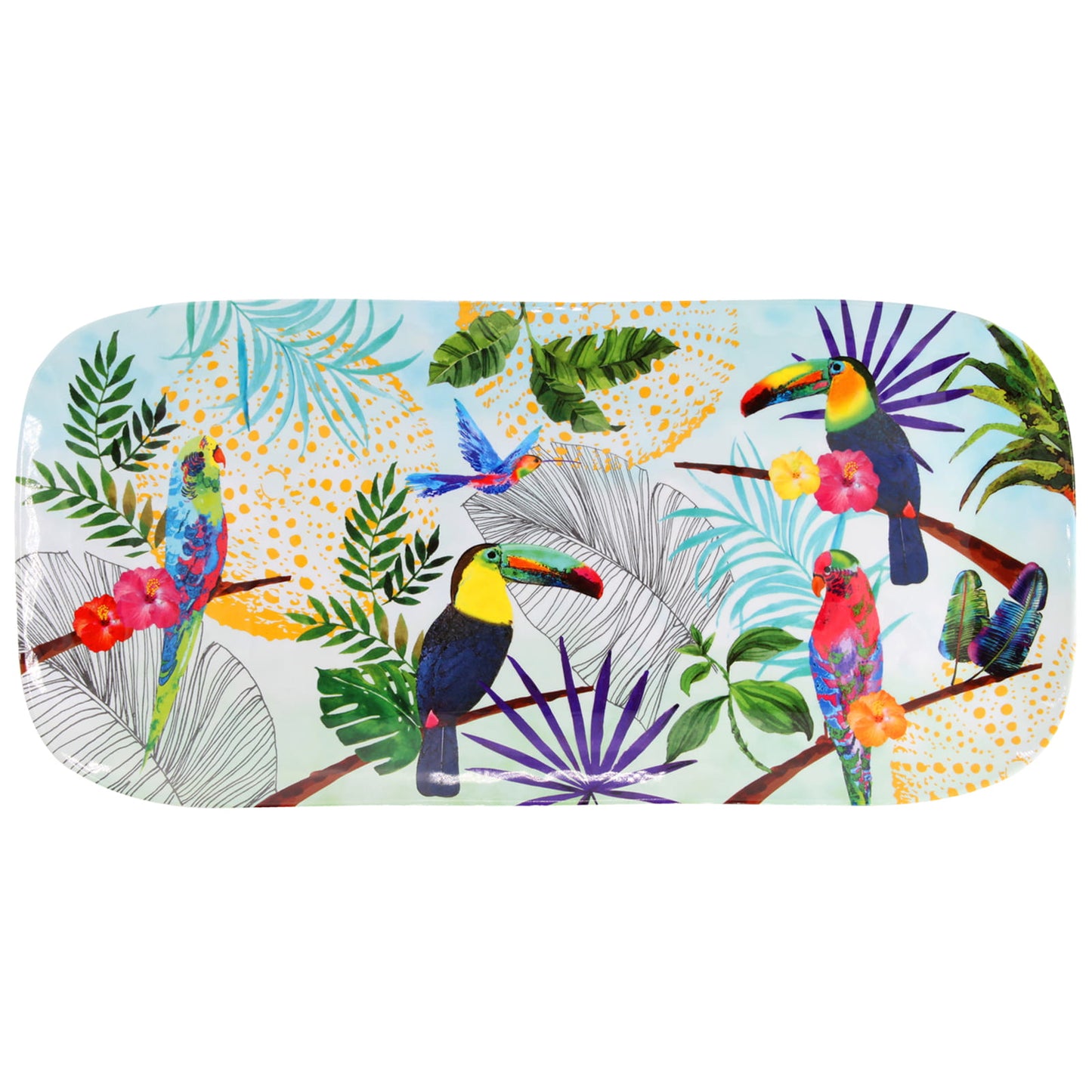 Plat à cake long rectangulaire en mélamine toucans - 37,5 cm