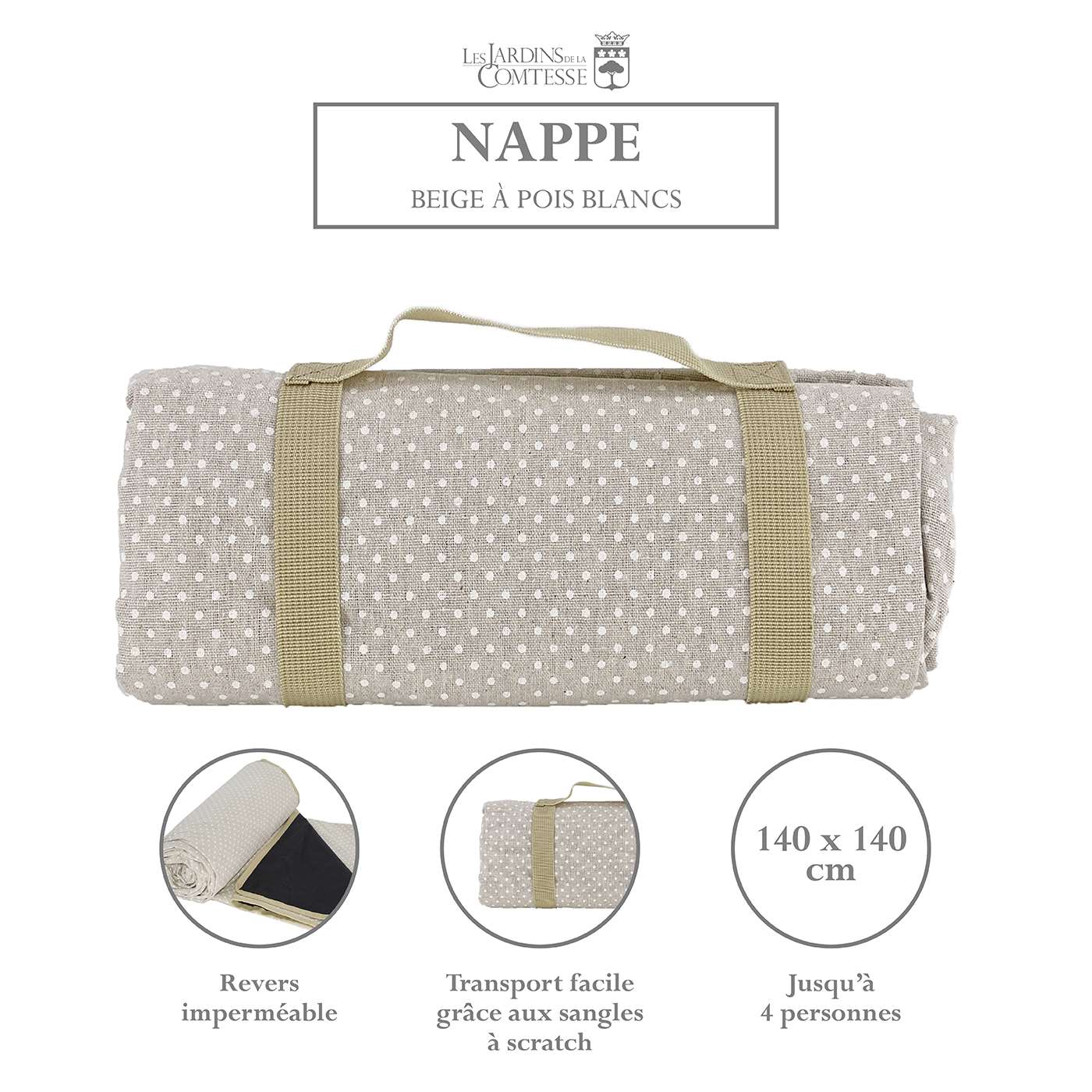 Nappe picnic imperméable beige à pois blancs