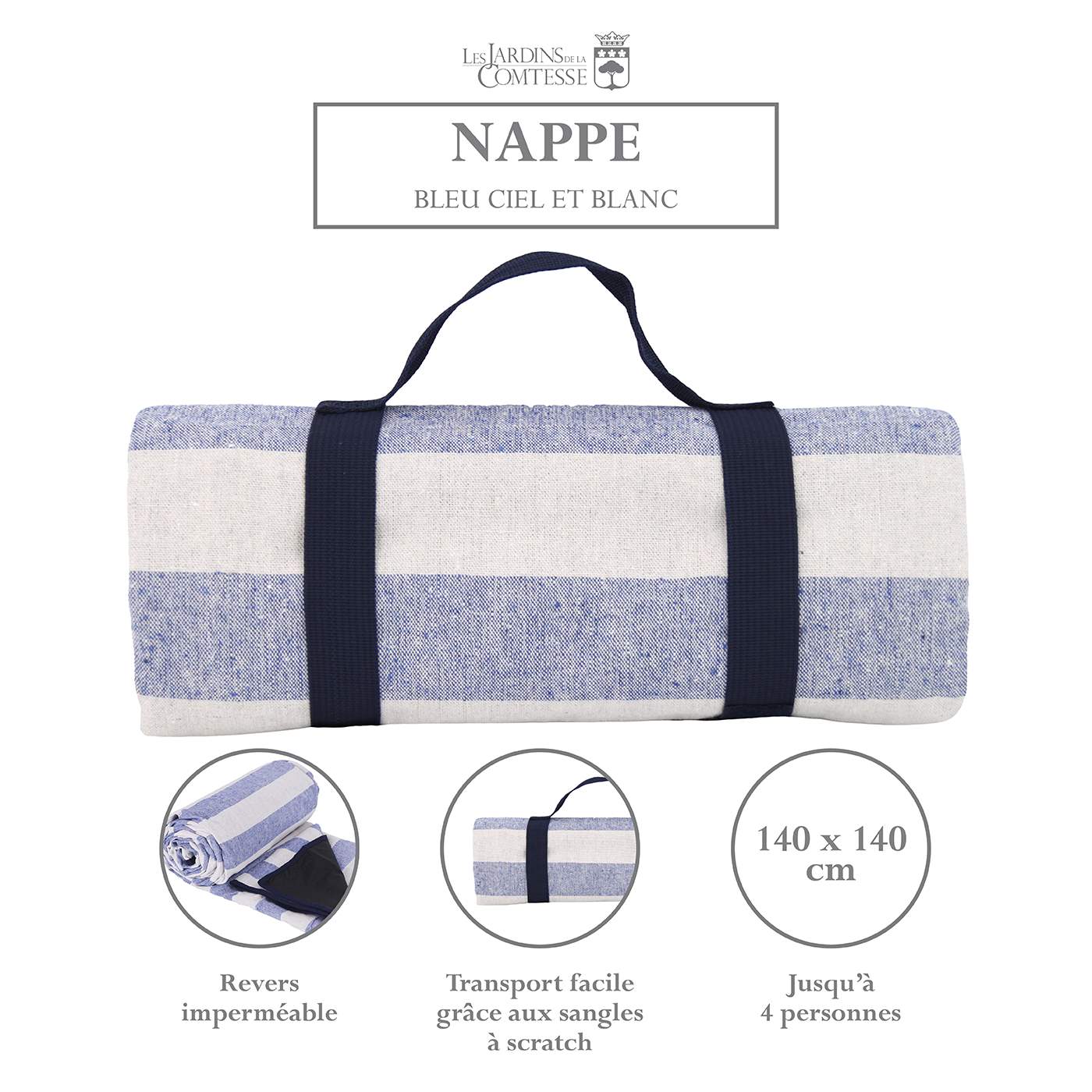 Nappe pique-nique Bleu Ciel et Blanc à revers imperméable