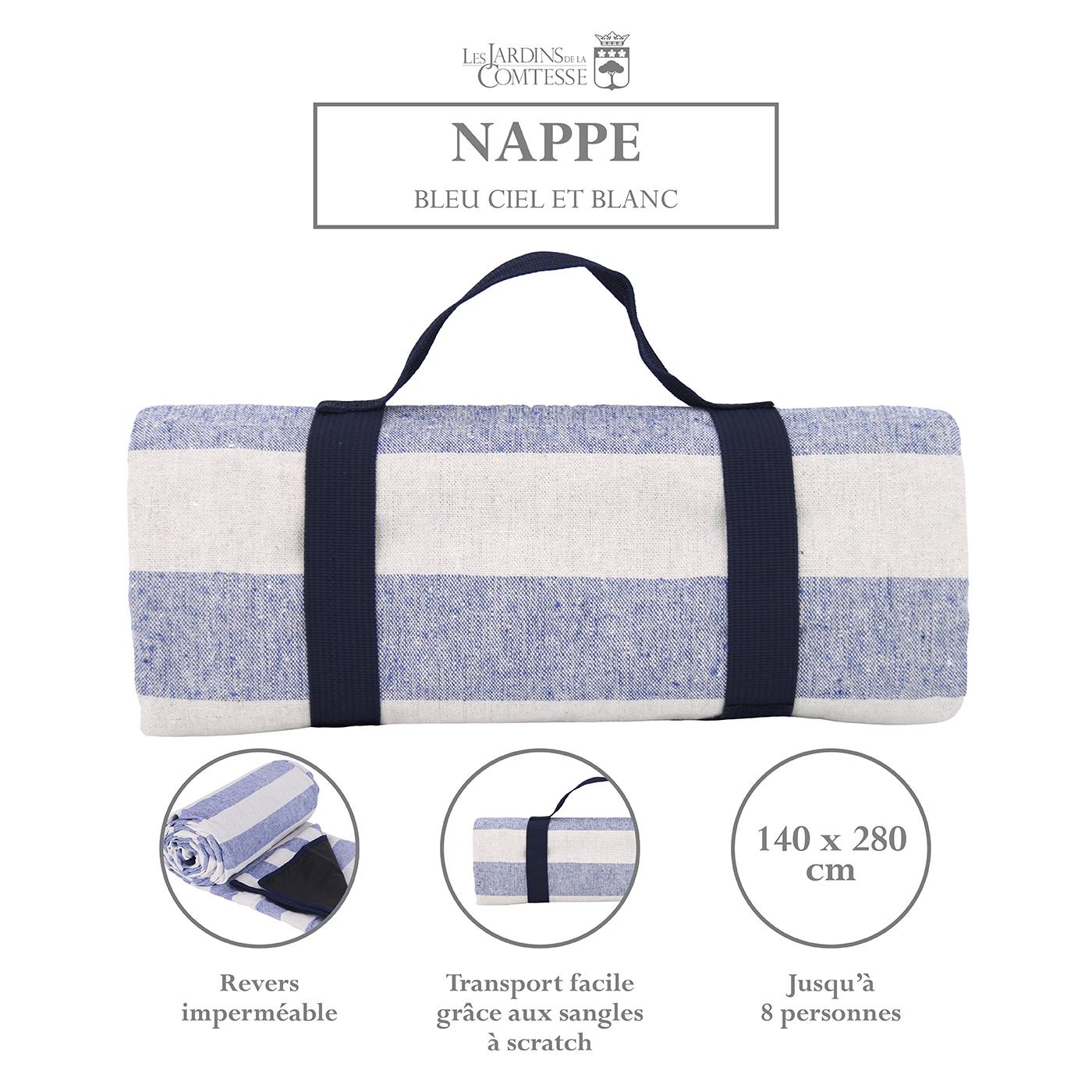 Nappe pique-nique Bleu Ciel et Blanc à revers imperméable XL