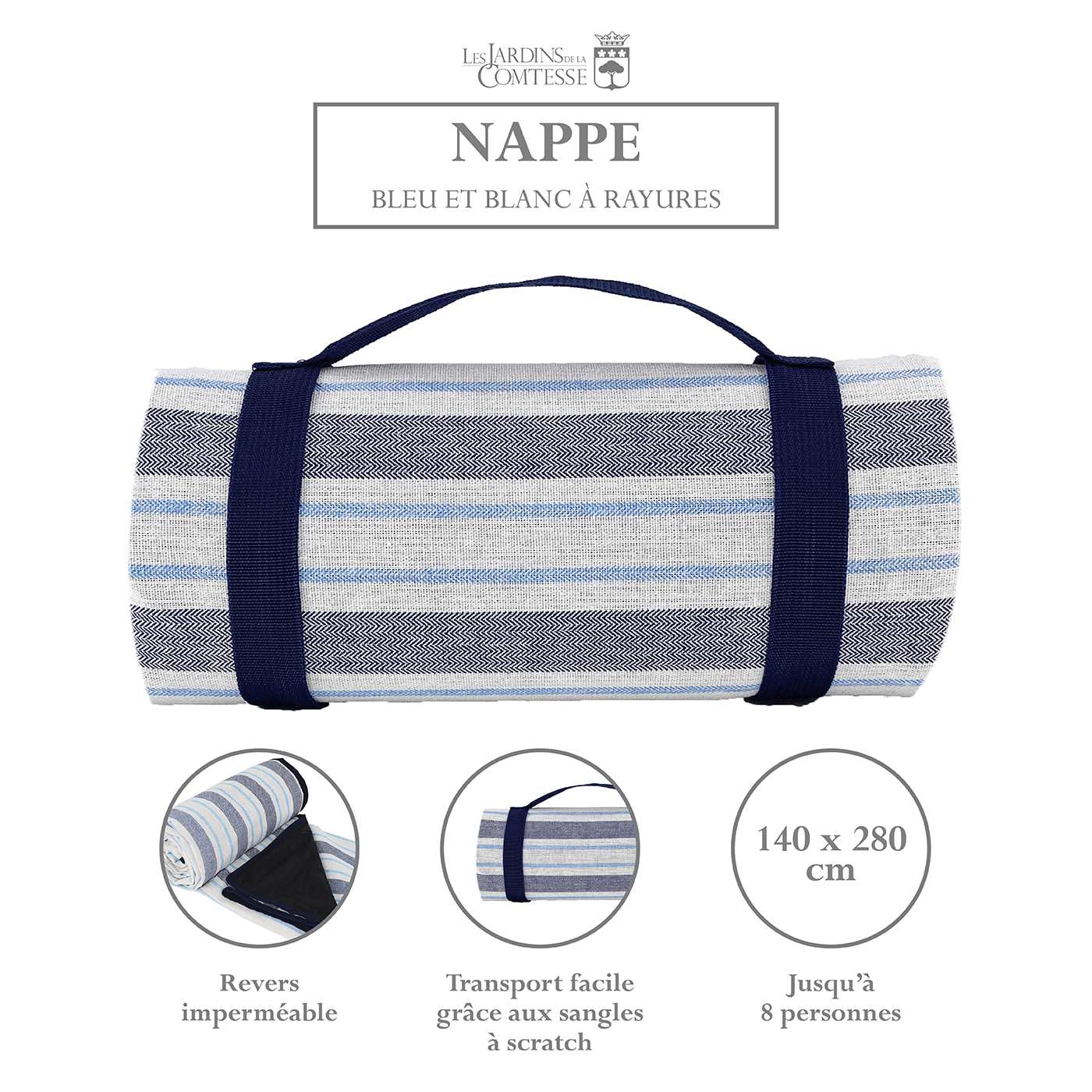 Nappe pique-nique Bleu et Blanc à rayure à revers imperméable XL