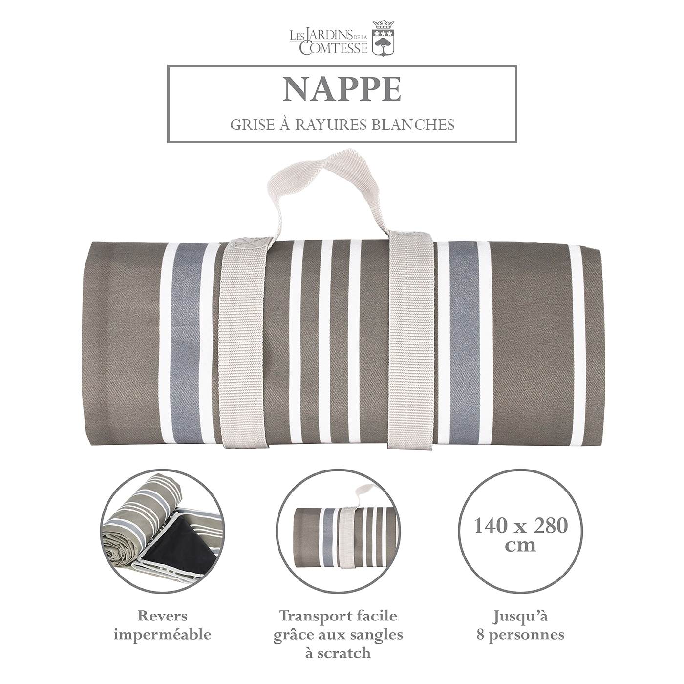 Nappe pique-nique grise à rayures blanches XL
