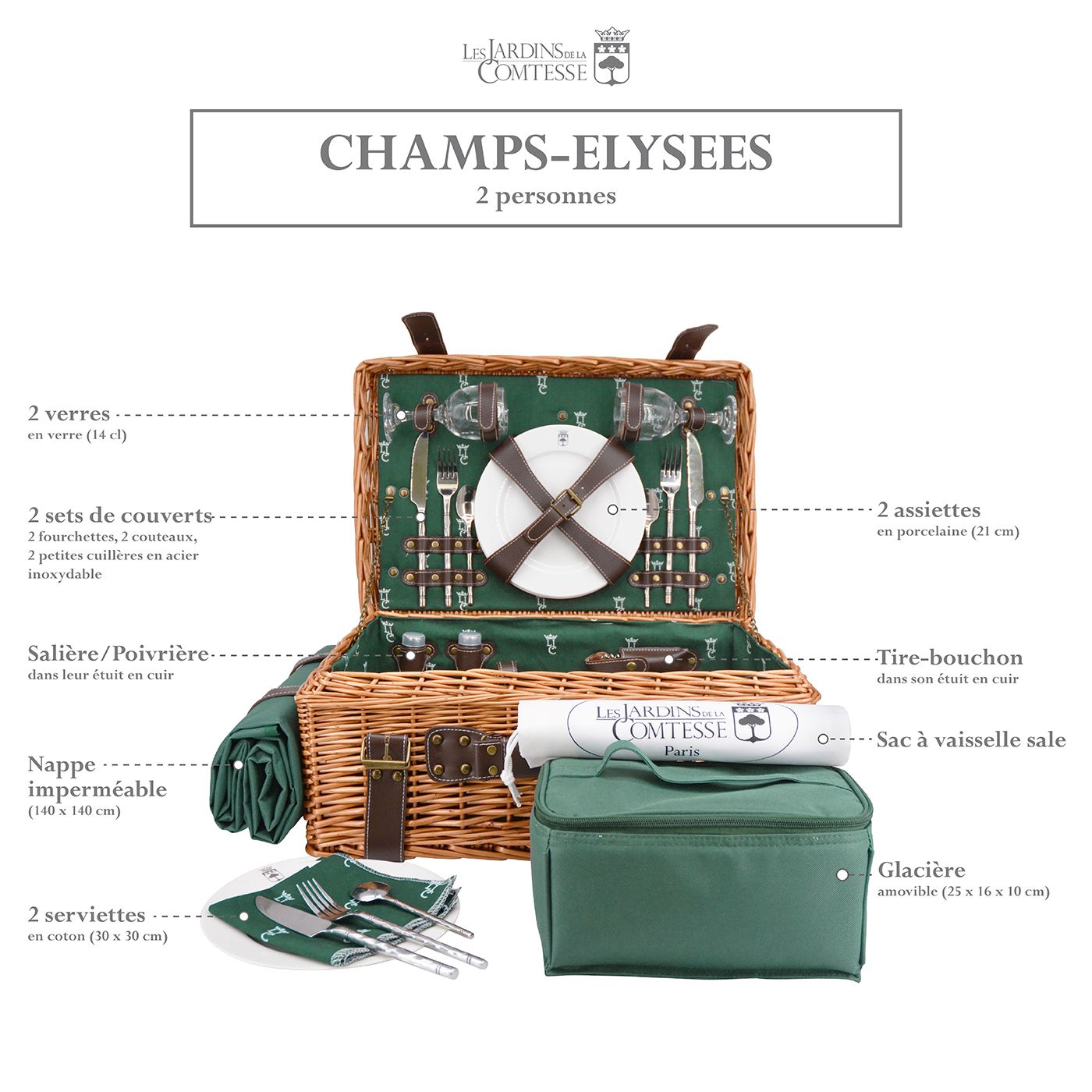 Malle pique-nique osier et cuir vert - 2 personnes