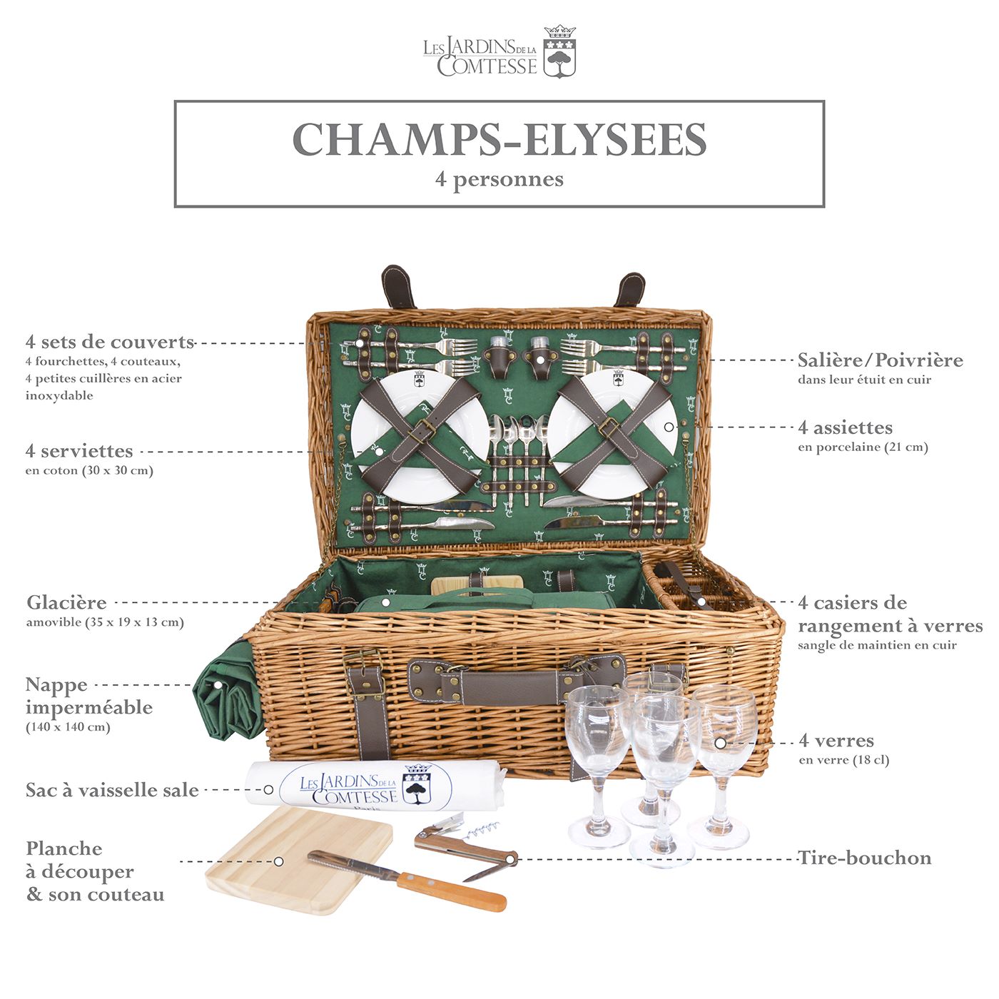 Malle pique-nique osier et cuir vert - 4 personnes CBA 2509