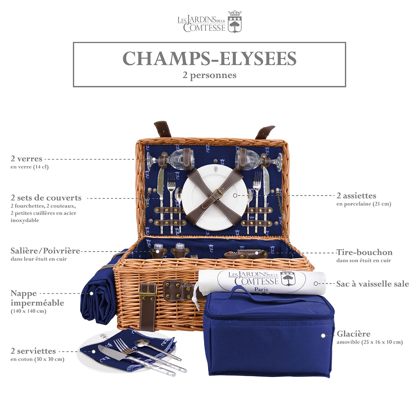 Malle pique-nique osier et cuir bleu - 2 personnes