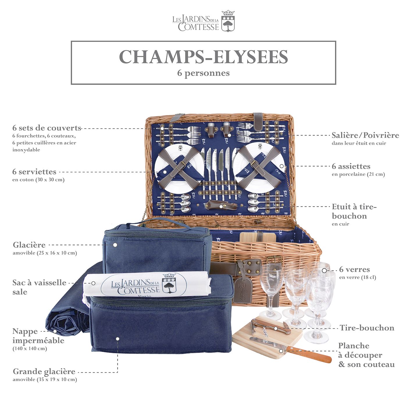 Malle pique-nique osier et cuir bleu - 6 personnes