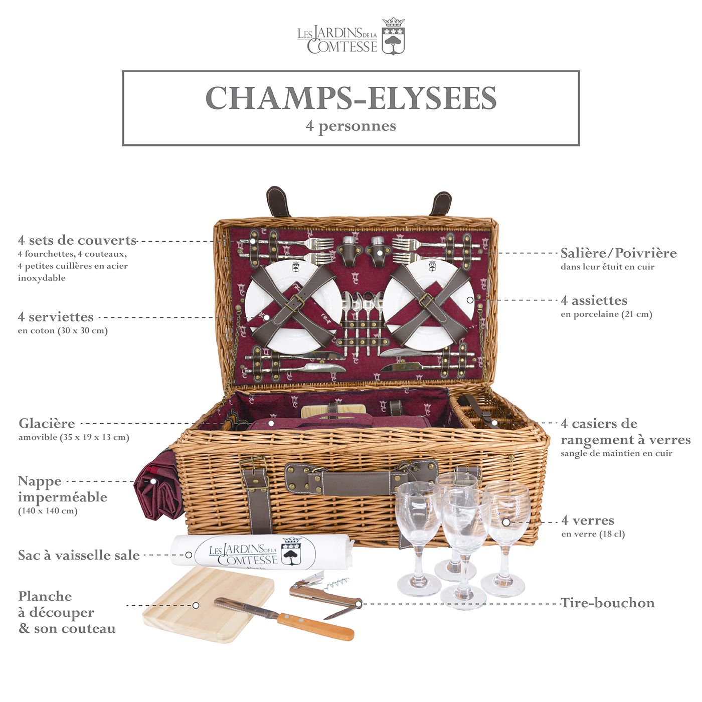 Malle pique-nique osier et cuir bordeaux - 4 personnes