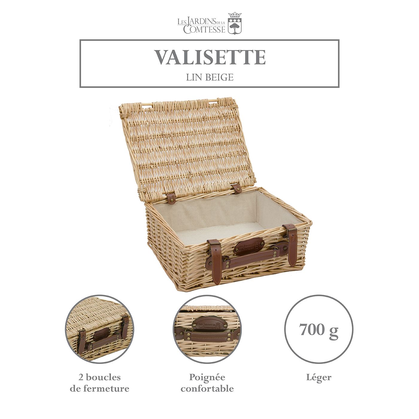 Valisette pique-nique en osier vide avec tissu