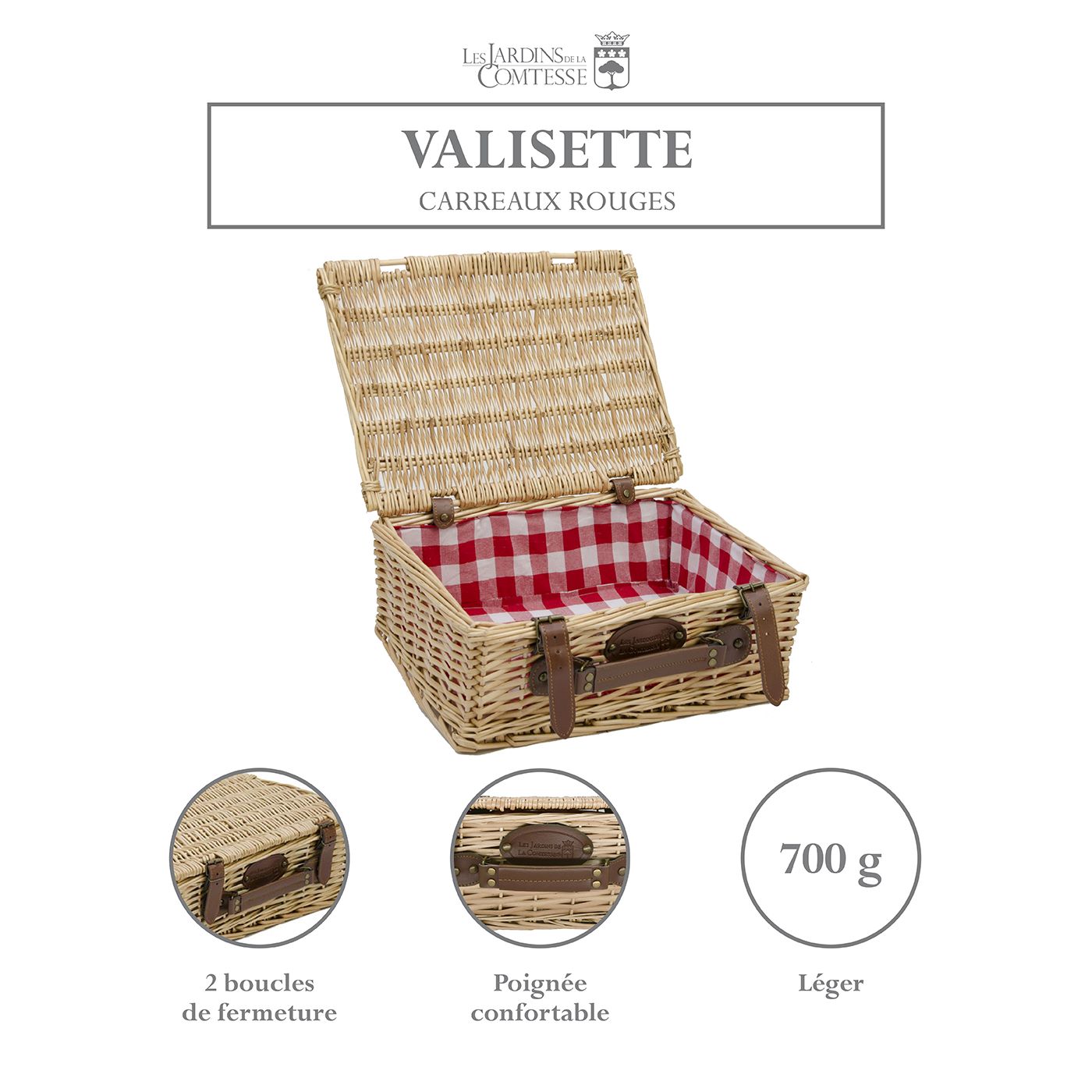 Valisette pique-nique en osier à carreaux rouges