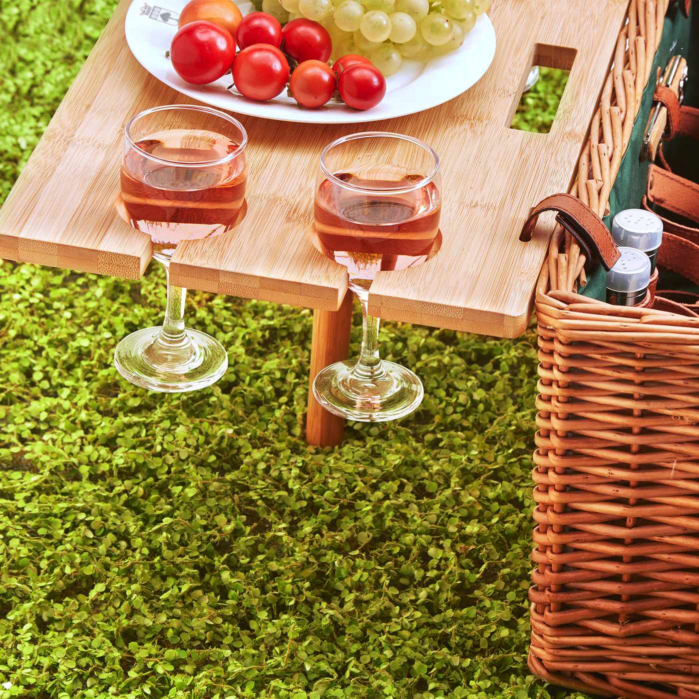 Panier pique-nique en cuir tissu vert - 4 personnes