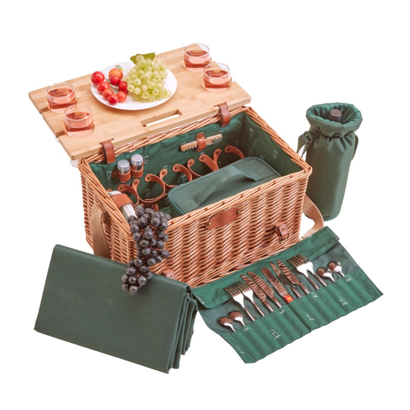 Panier pique-nique en cuir tissu vert - 4 personnes