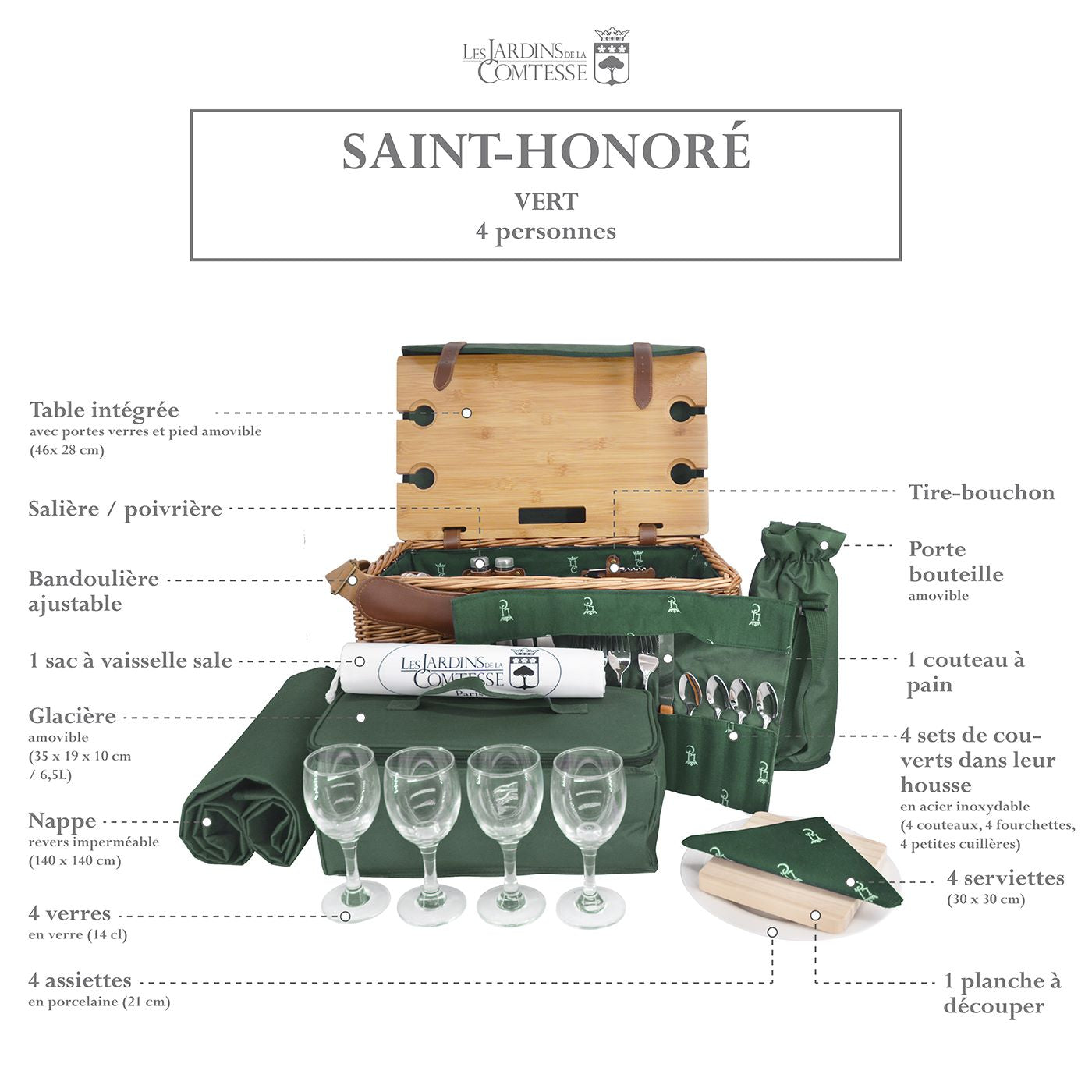 Panier pique-nique en cuir tissu vert - 4 personnes