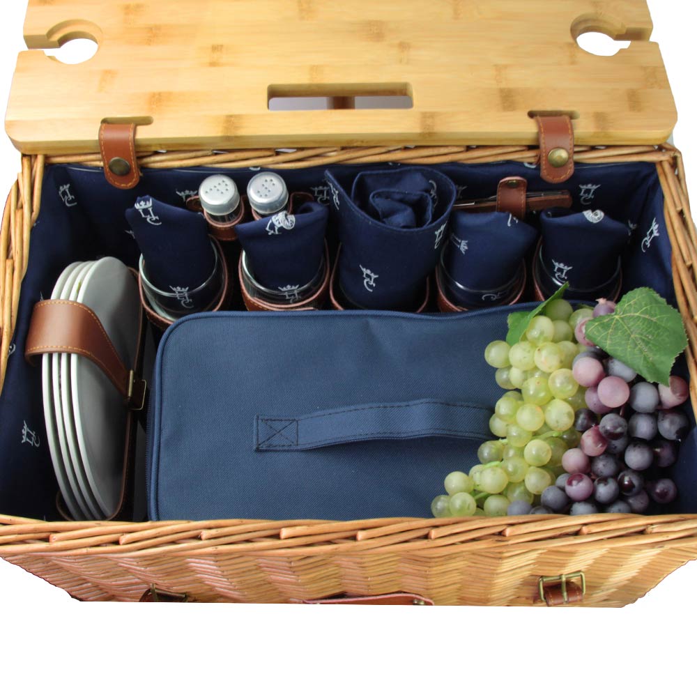 Panier pique-nique en cuir tissu bleu - 4 personnes