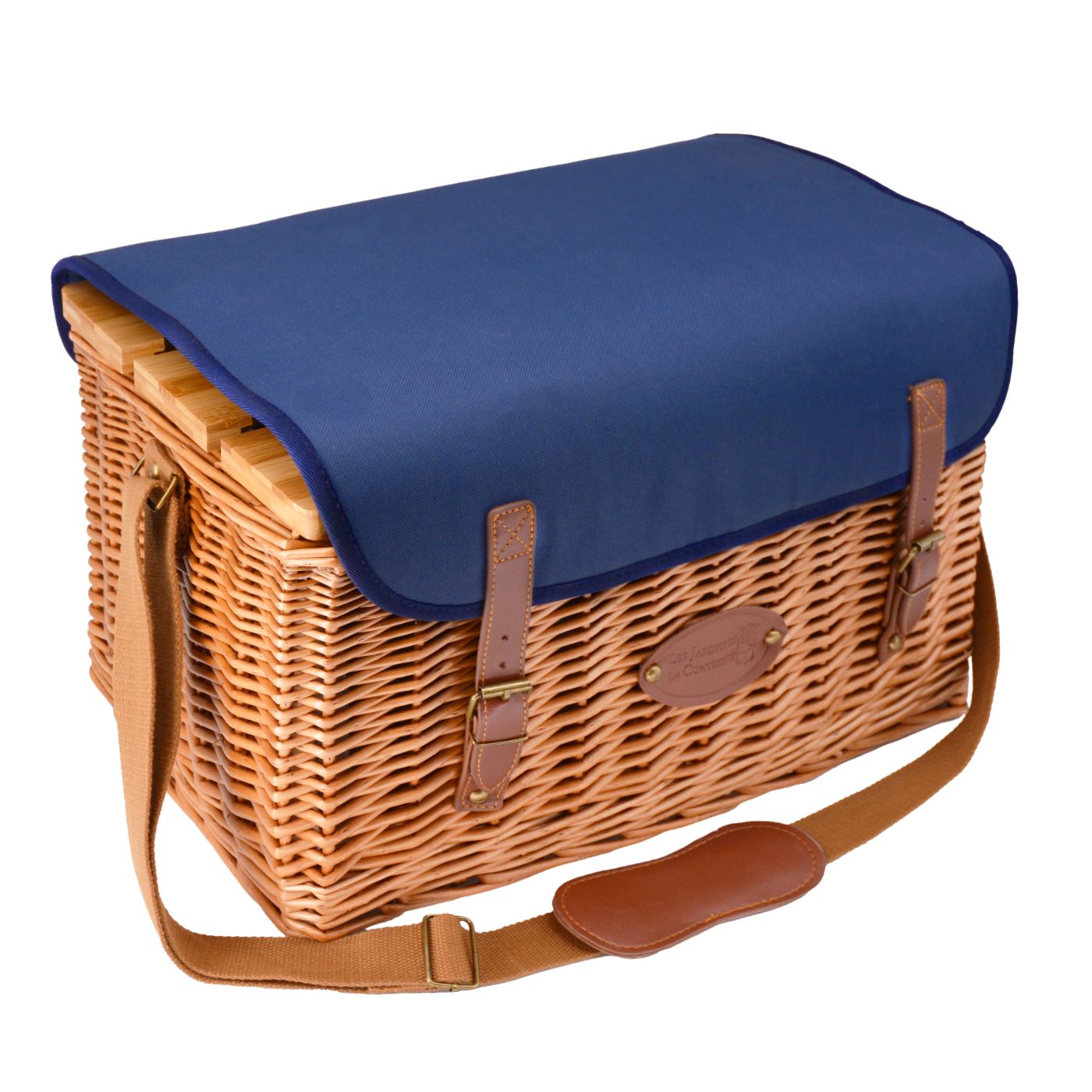 Panier pique-nique en cuir tissu bleu - 4 personnes
