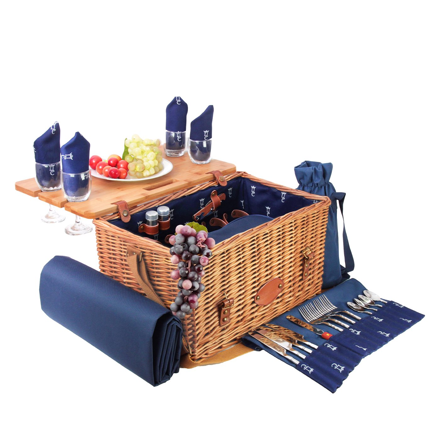 Panier pique-nique en cuir tissu bleu - 4 personnes