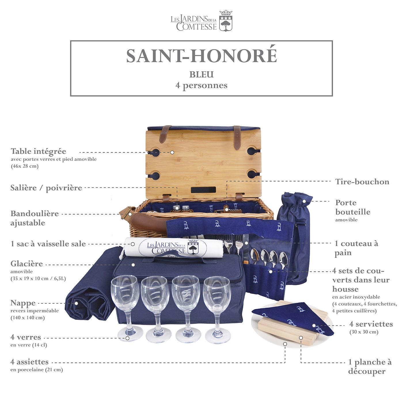 Panier pique-nique en cuir tissu bleu - 4 personnes