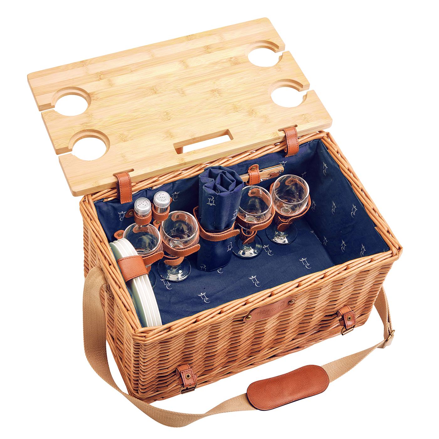 Panier pique-nique en cuir tissu bleu - 4 personnes