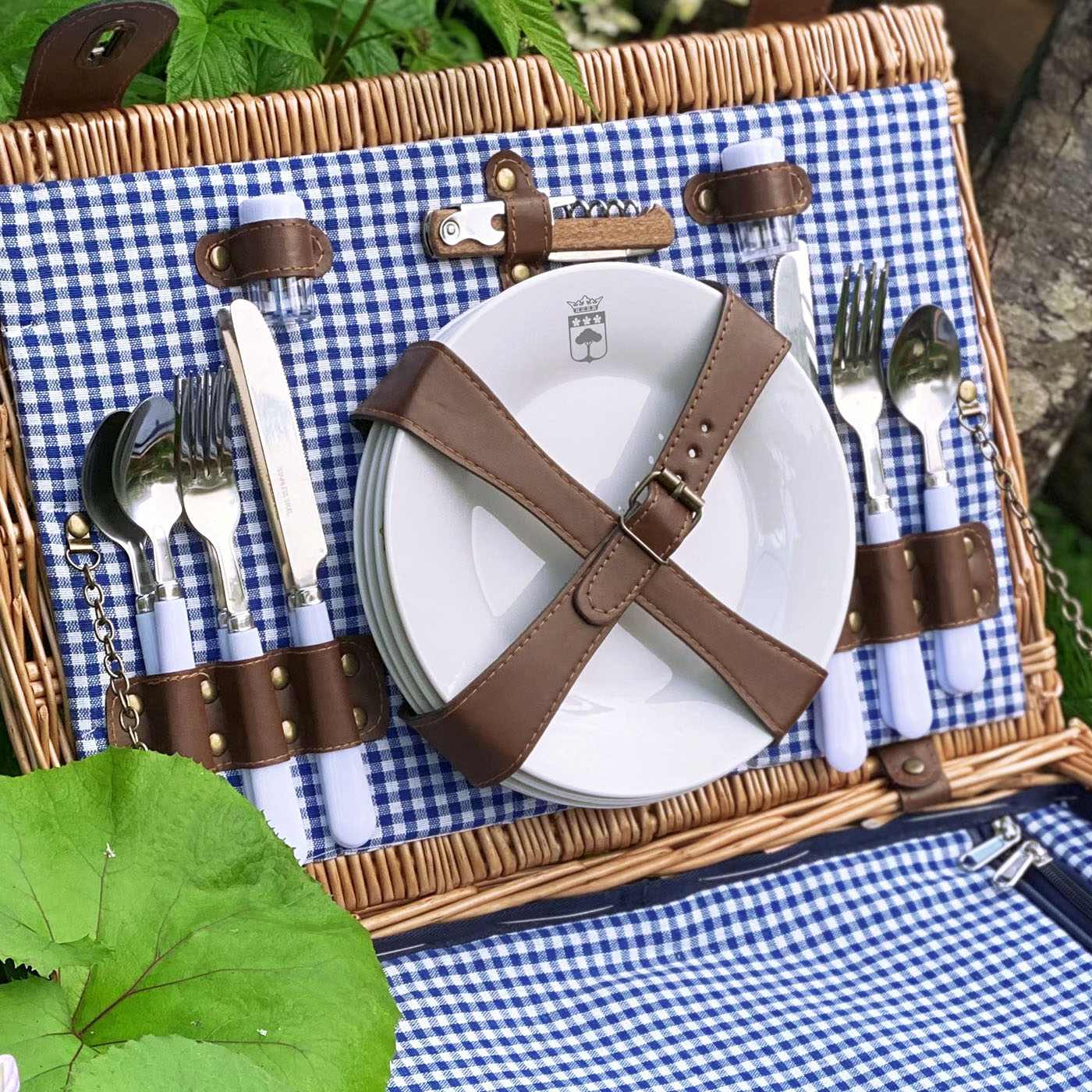 Panier pique-nique en osier Marly bleu - 4 personnes