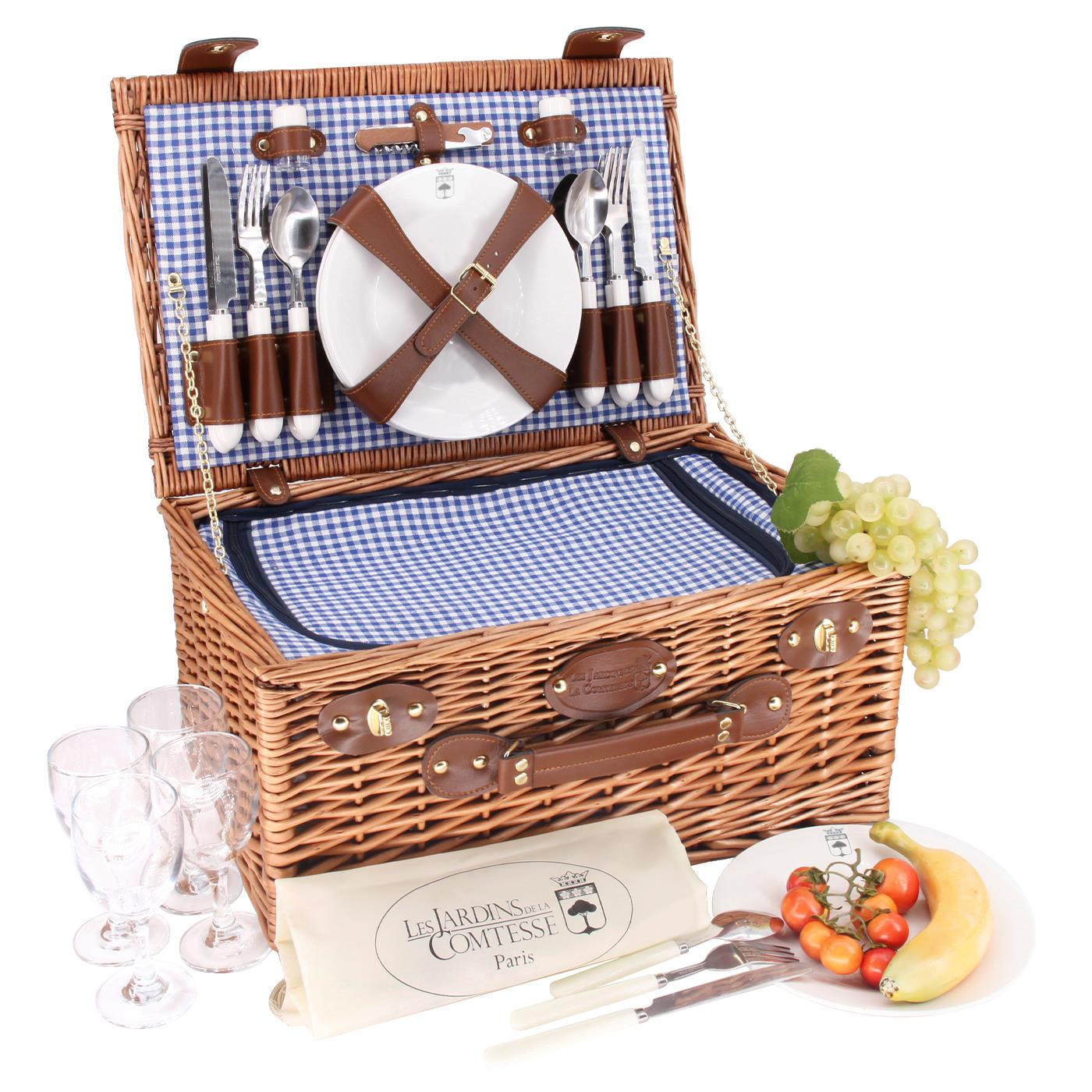 Panier pique-nique en osier Marly bleu - 4 personnes