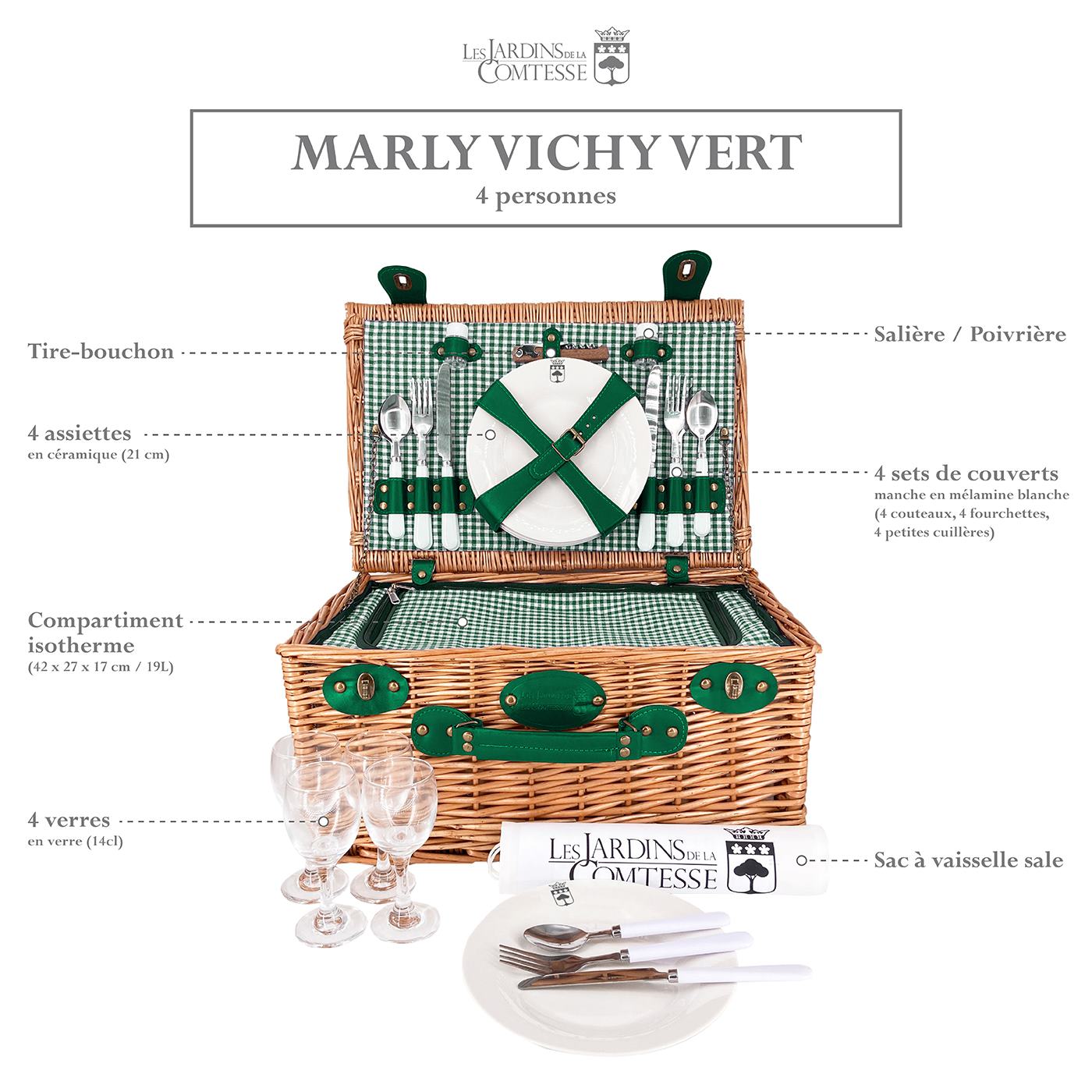 Panier pique-nique en osier Marly vert - 4 personnes