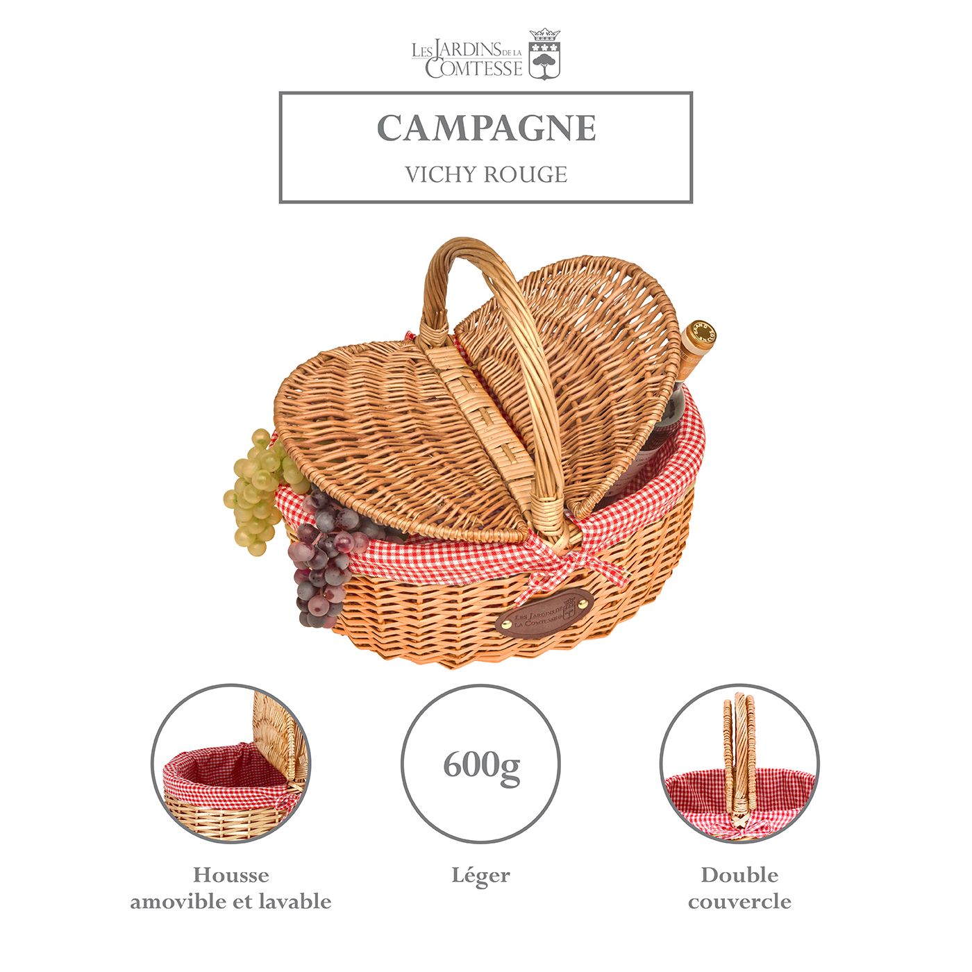 Panier en osier tissu vichy rouge