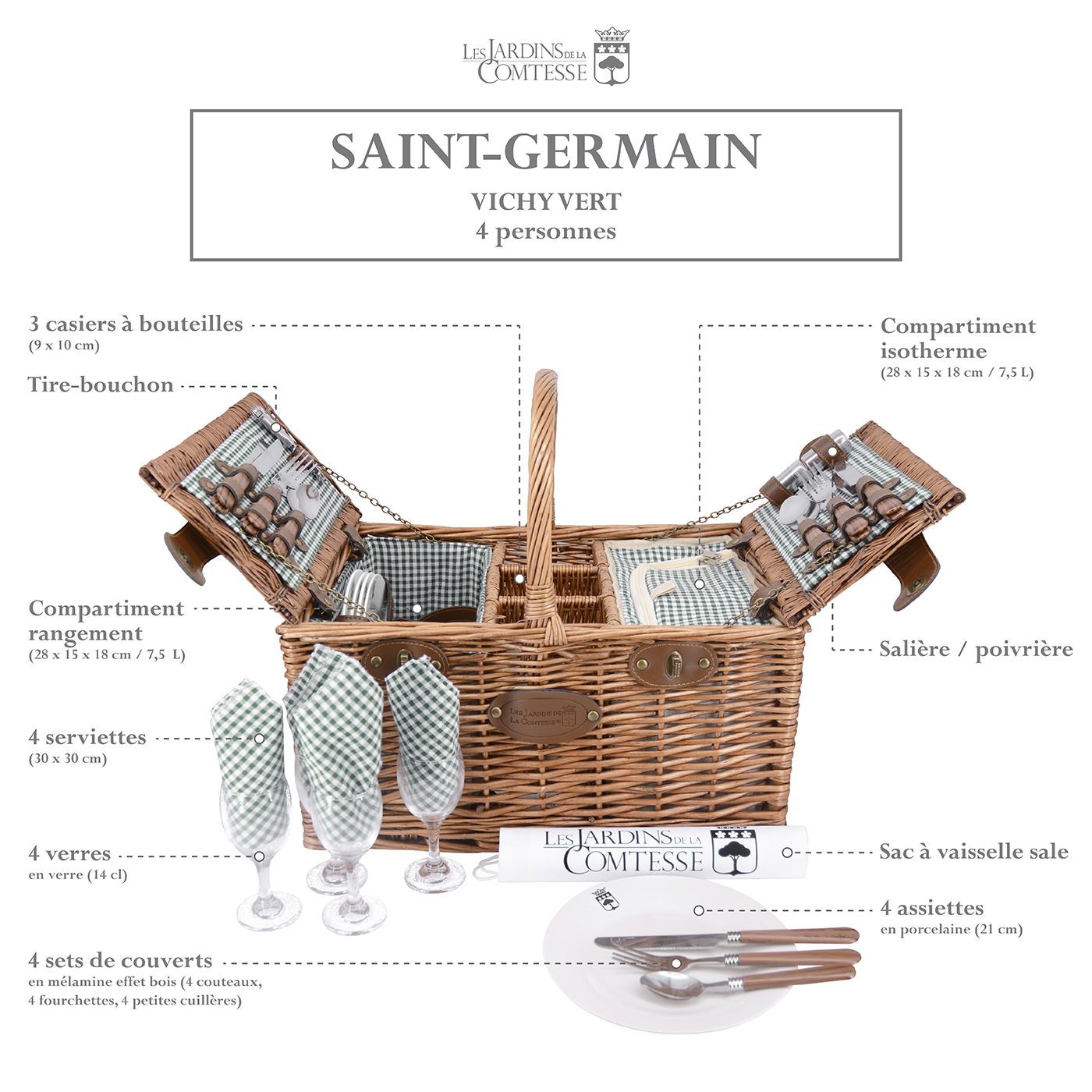 Panier pique-nique en osier - Vichy vert - 4 personnes