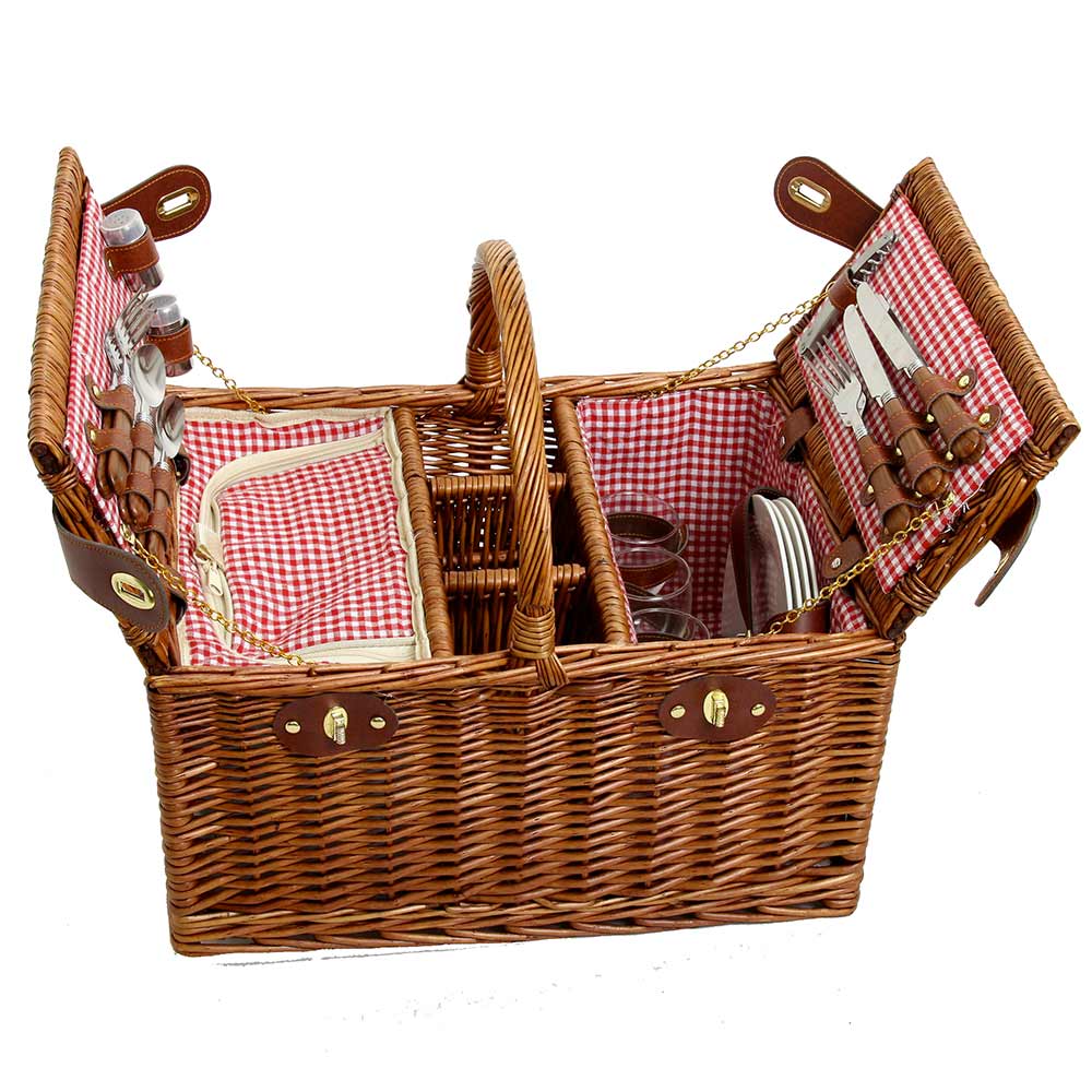 Panier pique-nique en osier - Vichy rouge - 4 personnes