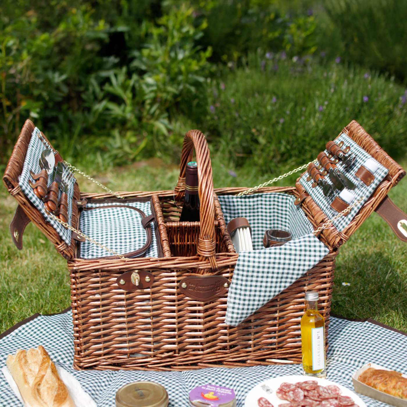 Panier pique-nique en osier - Vichy vert - 4 personnes
