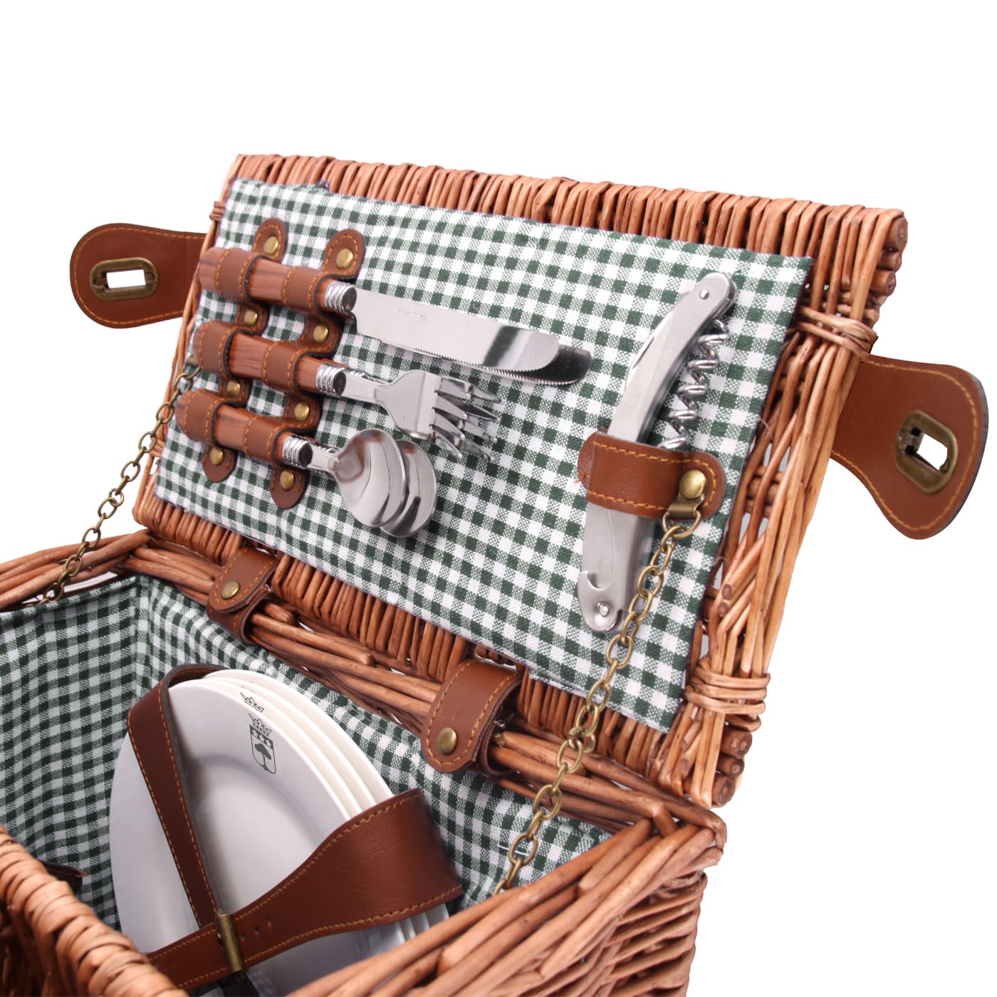 Panier pique-nique en osier - Vichy vert - 4 personnes