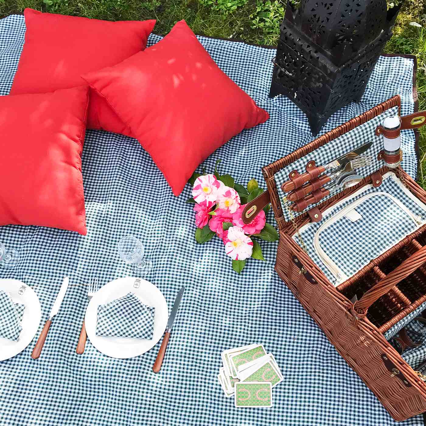 Panier pique-nique en osier - Vichy vert - 4 personnes