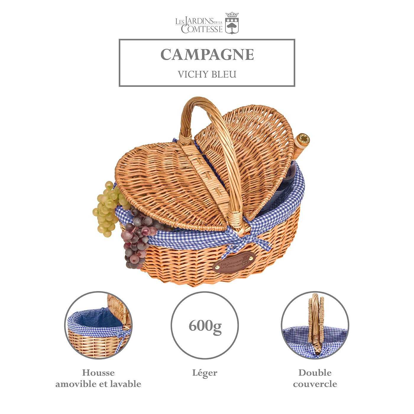 Panier en osier tissu vichy bleu
