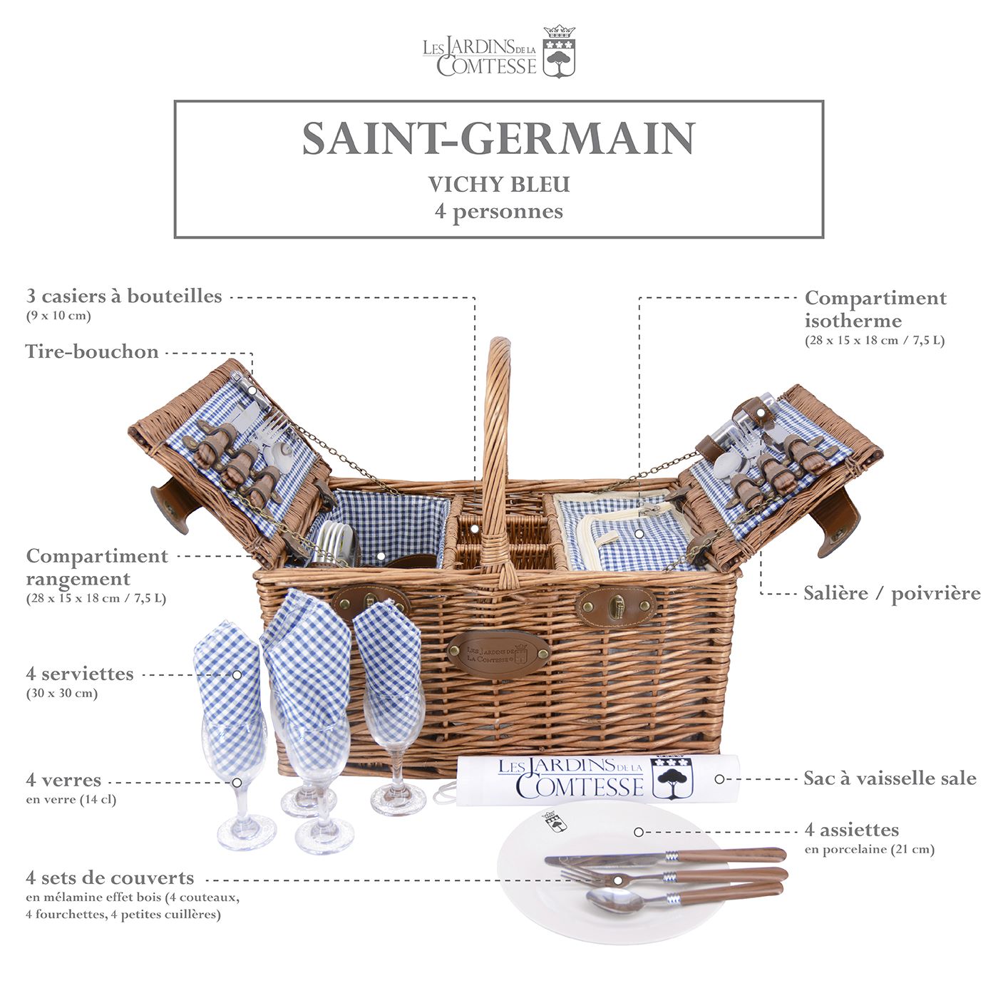 Panier pique-nique en osier - Vichy bleu - 4 personnes CBA 3