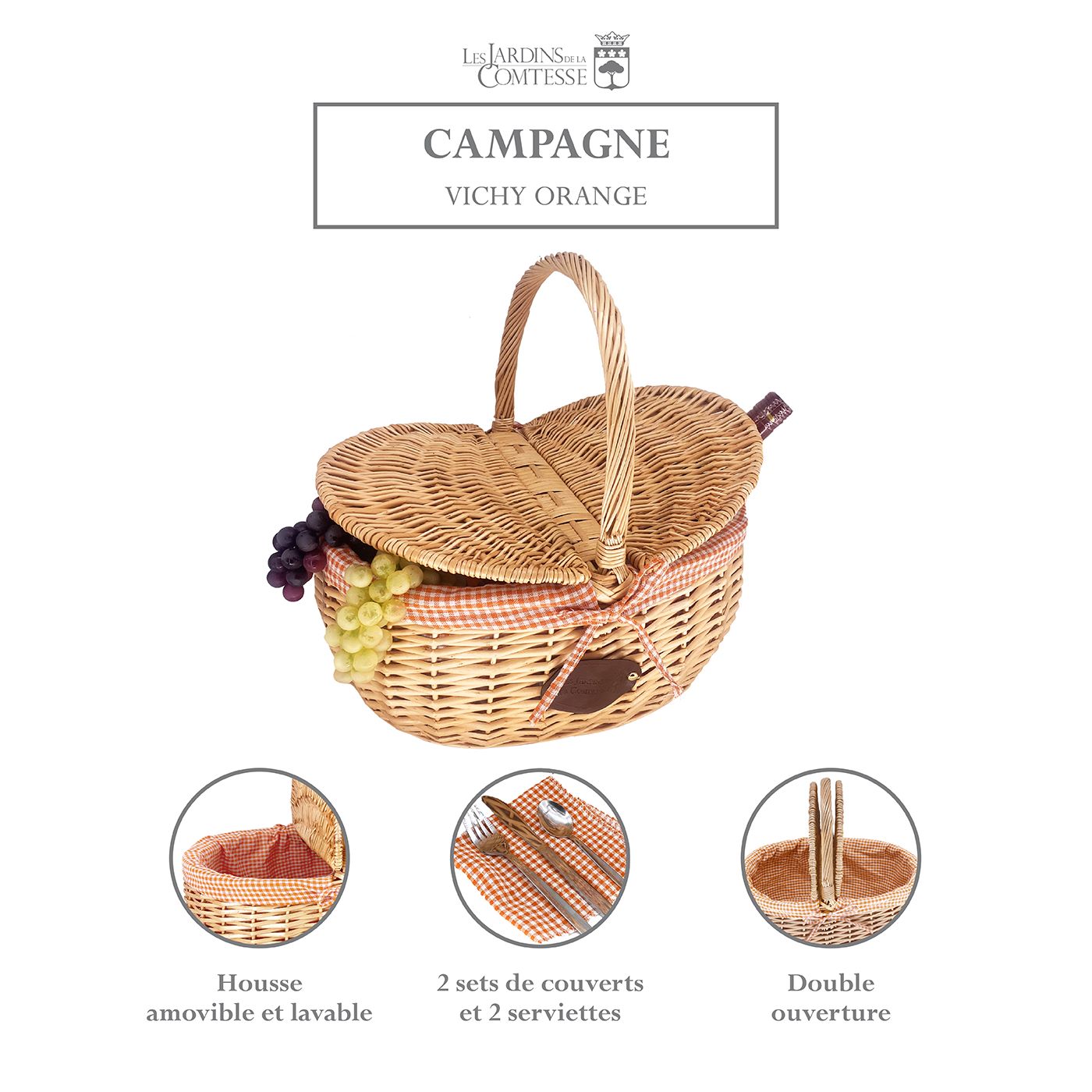 Panier en osier Campagne vichy orange avec couverts et napperons