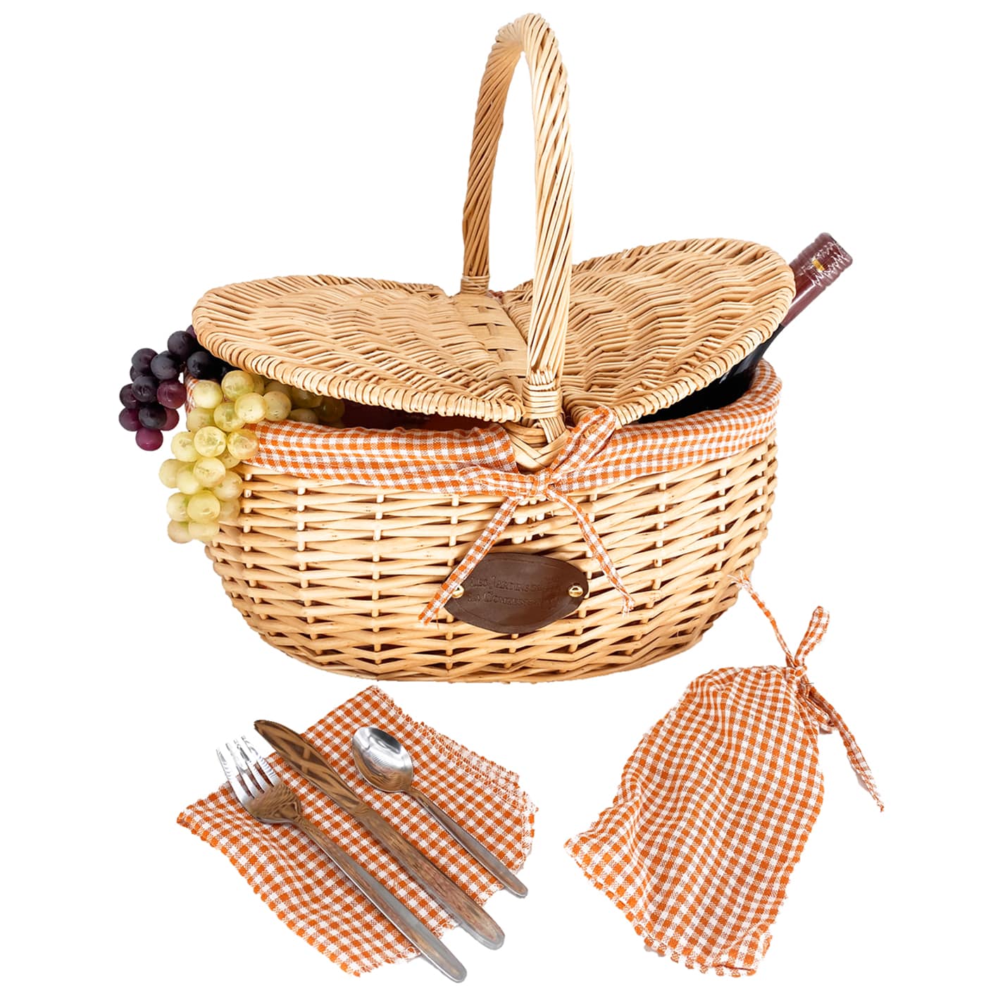 Panier en osier Campagne vichy orange avec couverts et napperons