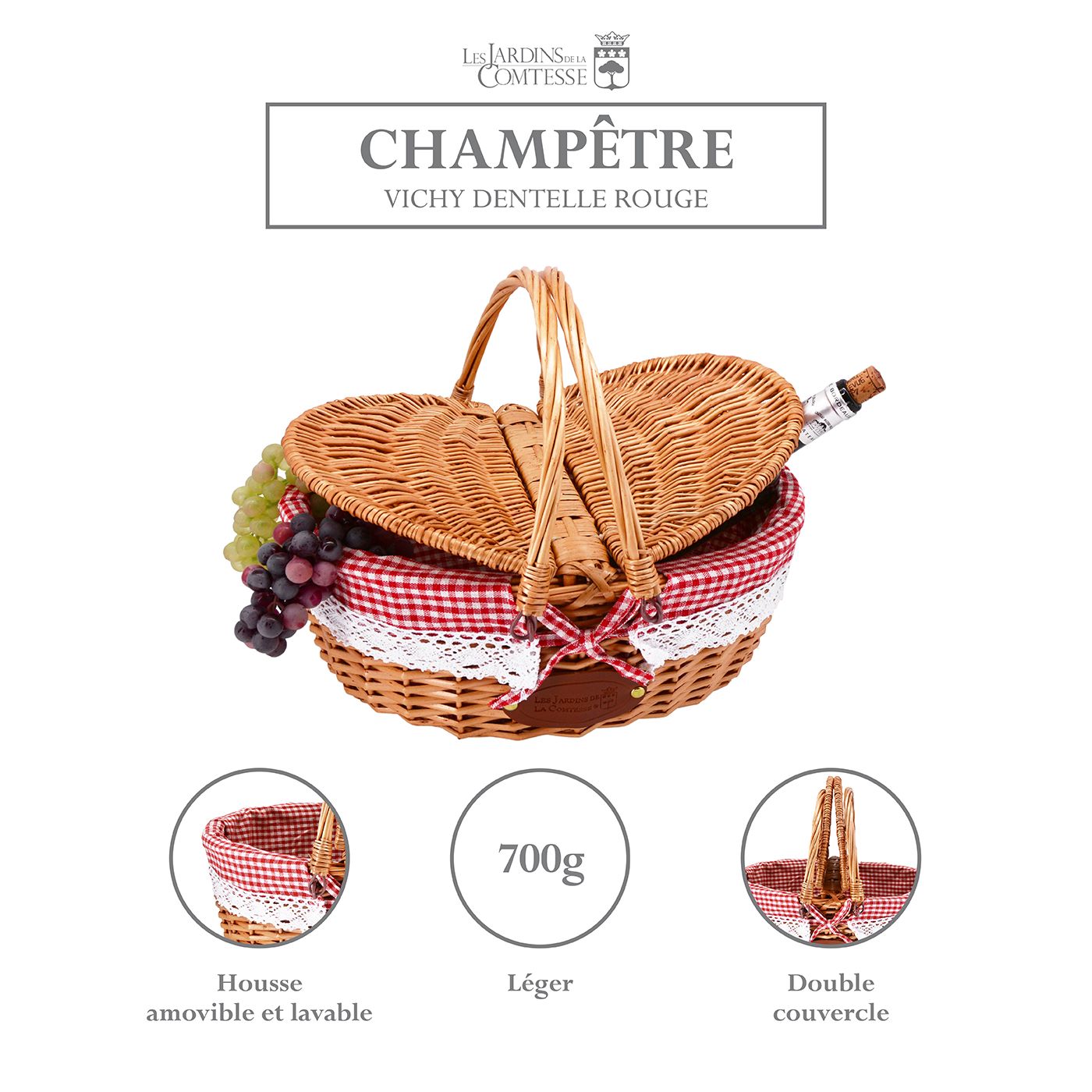 Panier en osier tissu dentelle vichy rouge