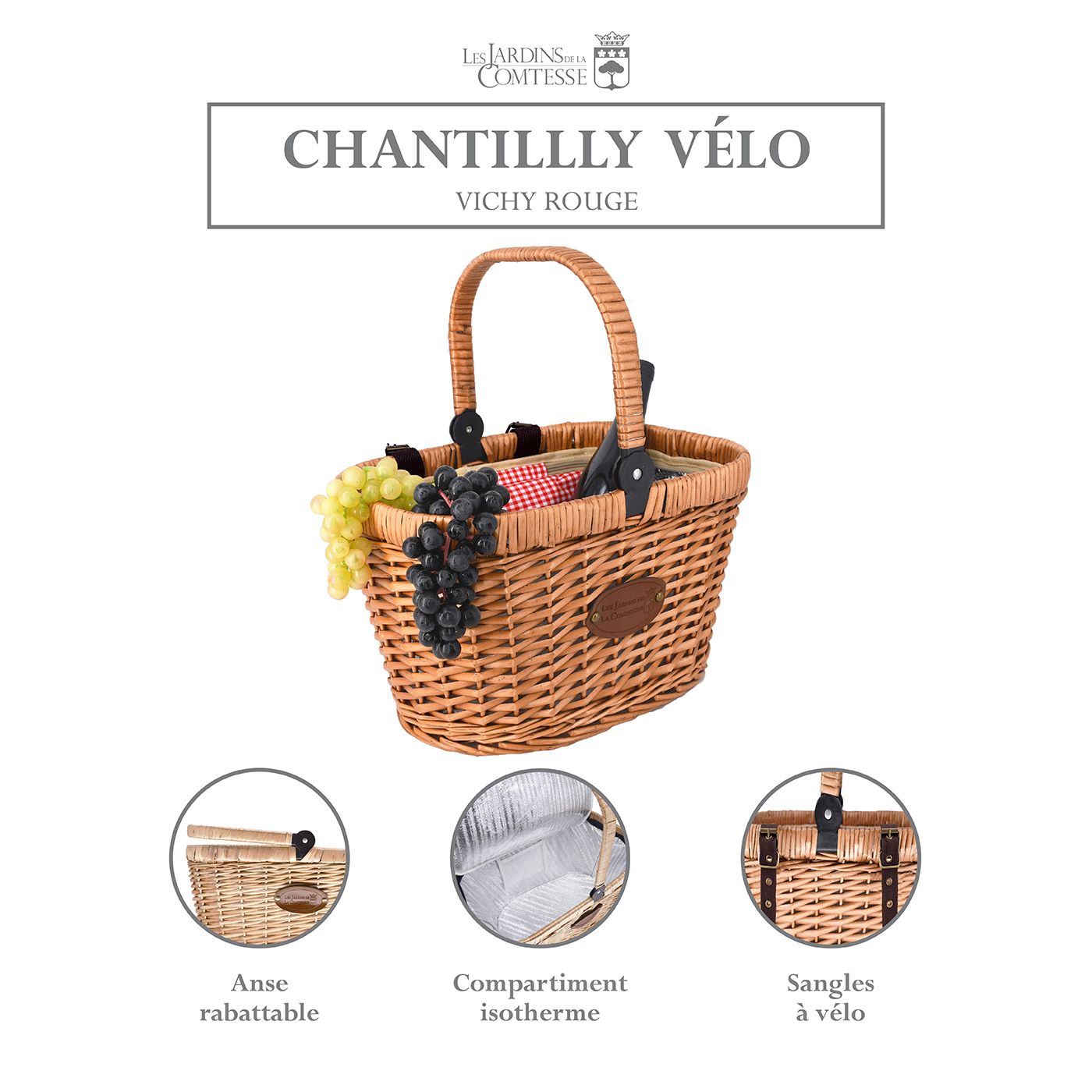 Panier vélo isotherme en osier Vichy rouge