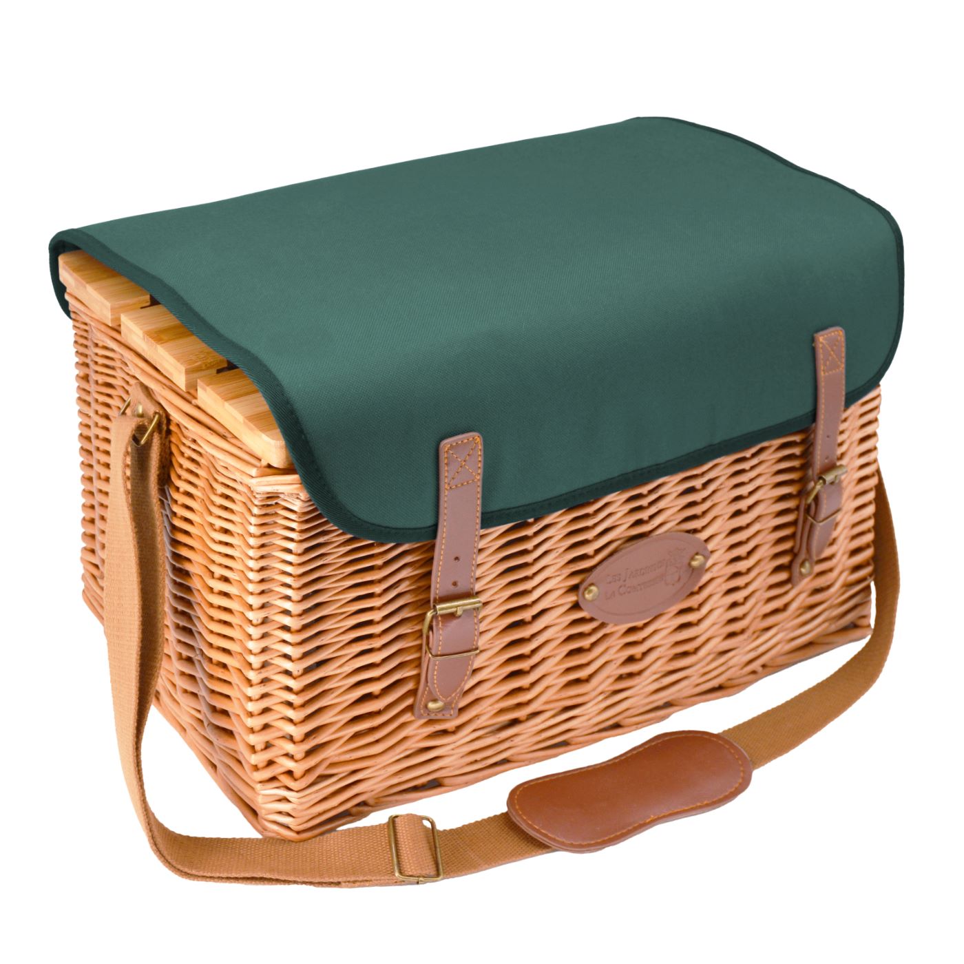 Panier pique-nique en cuir tissu vert - 4 personnes