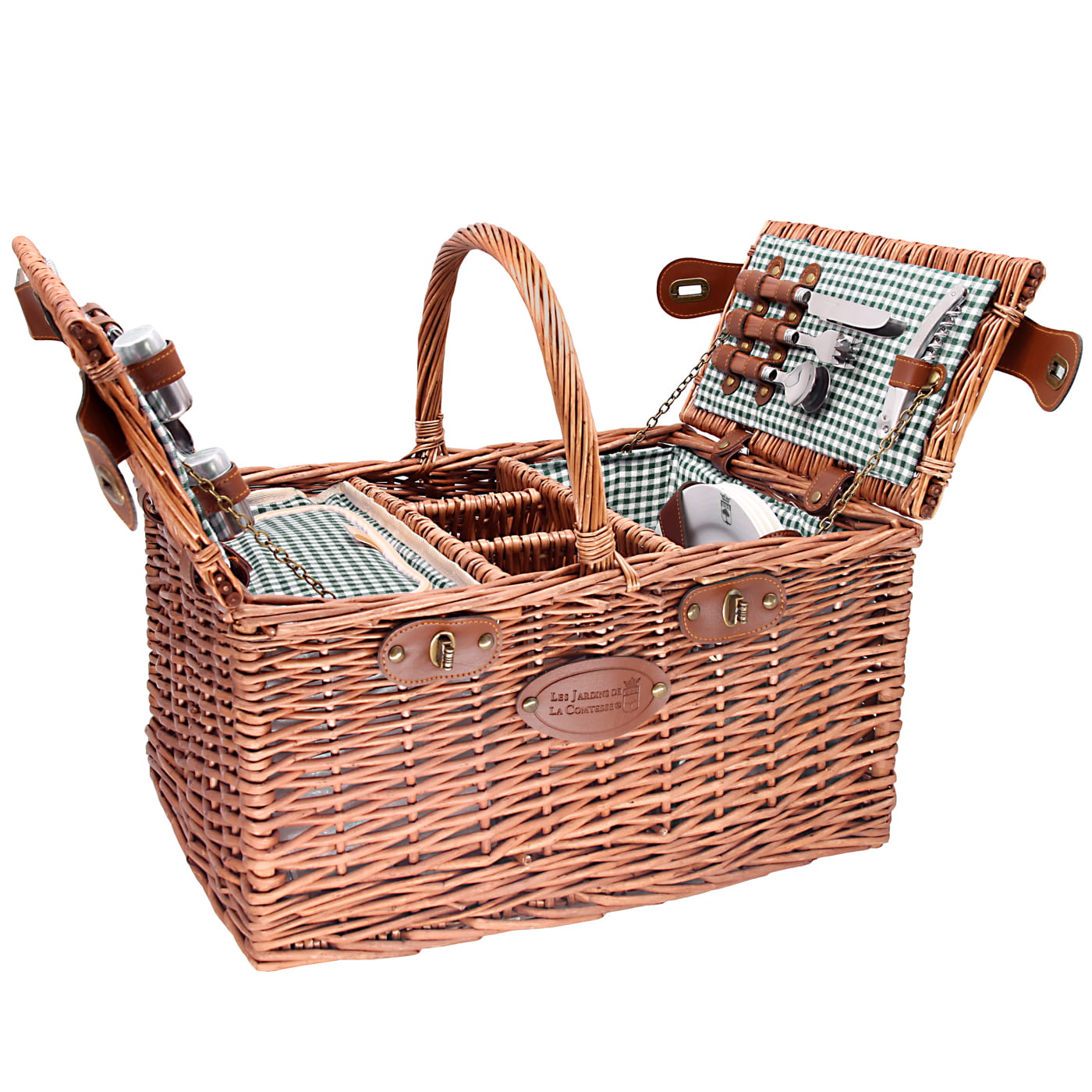 Panier pique-nique en osier - Vichy vert - 4 personnes