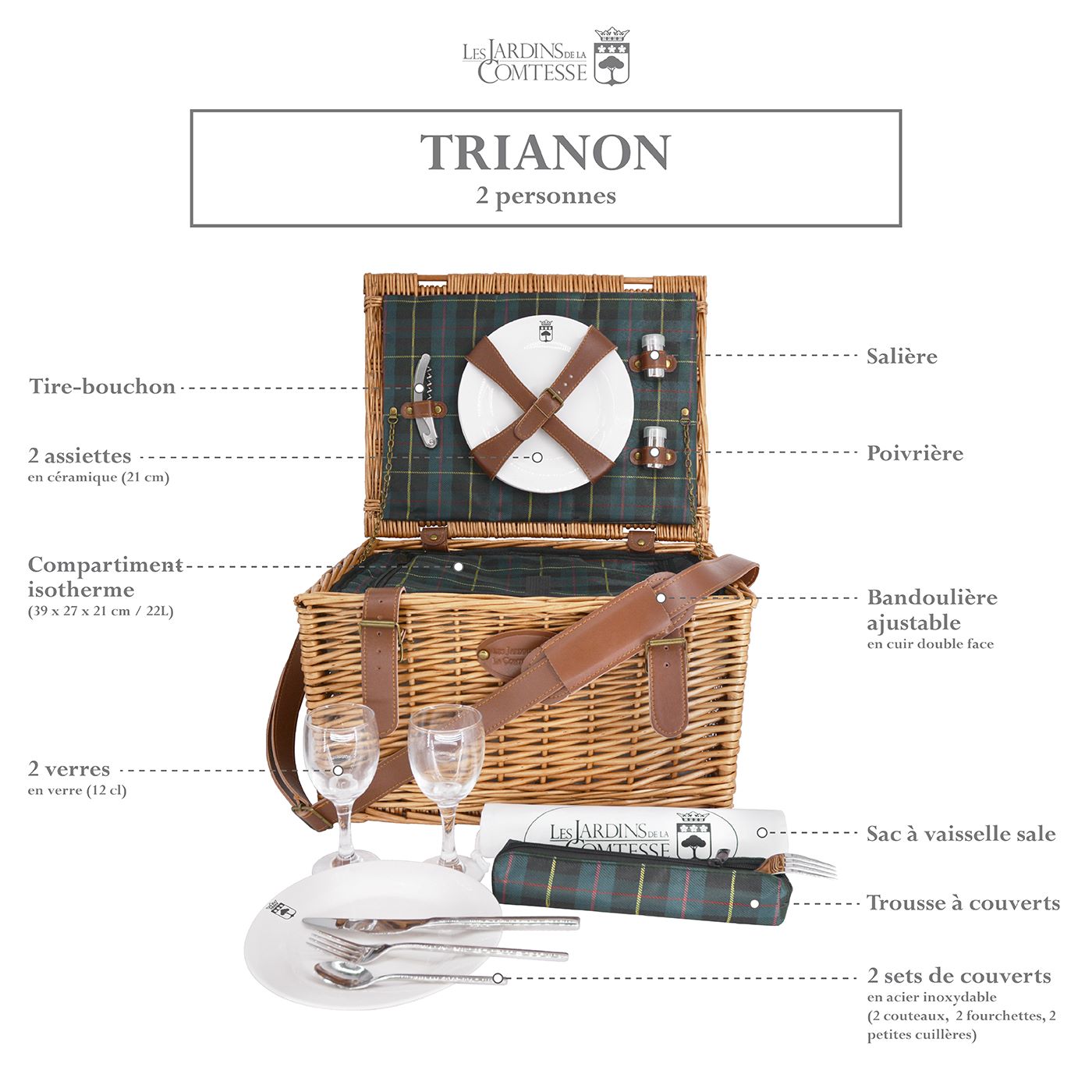 Panier pique-nique cuir et tissu écossais - 2 personnes