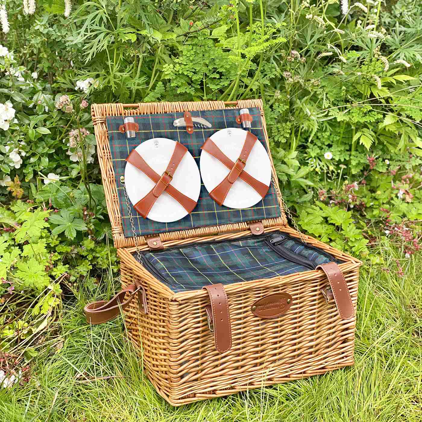 Panier pique-nique cuir et tissu écossais - 6 personnes