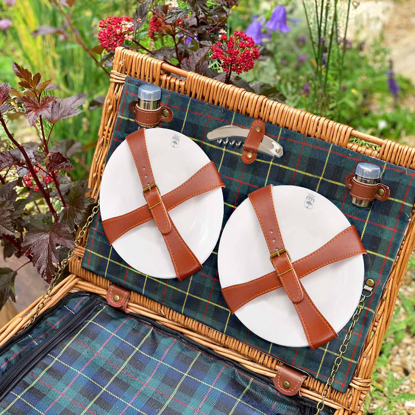 Panier pique-nique cuir et tissu écossais - 6 personnes