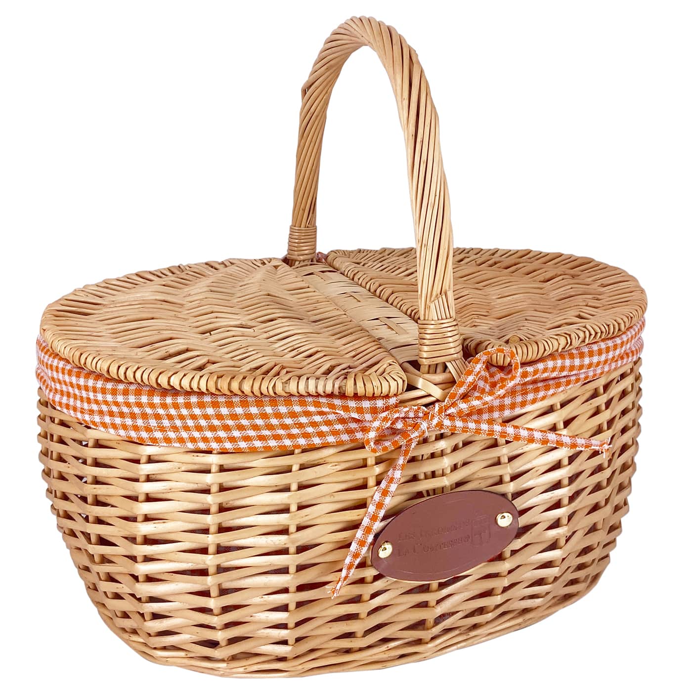 Panier en osier Campagne vichy orange avec couverts et napperons