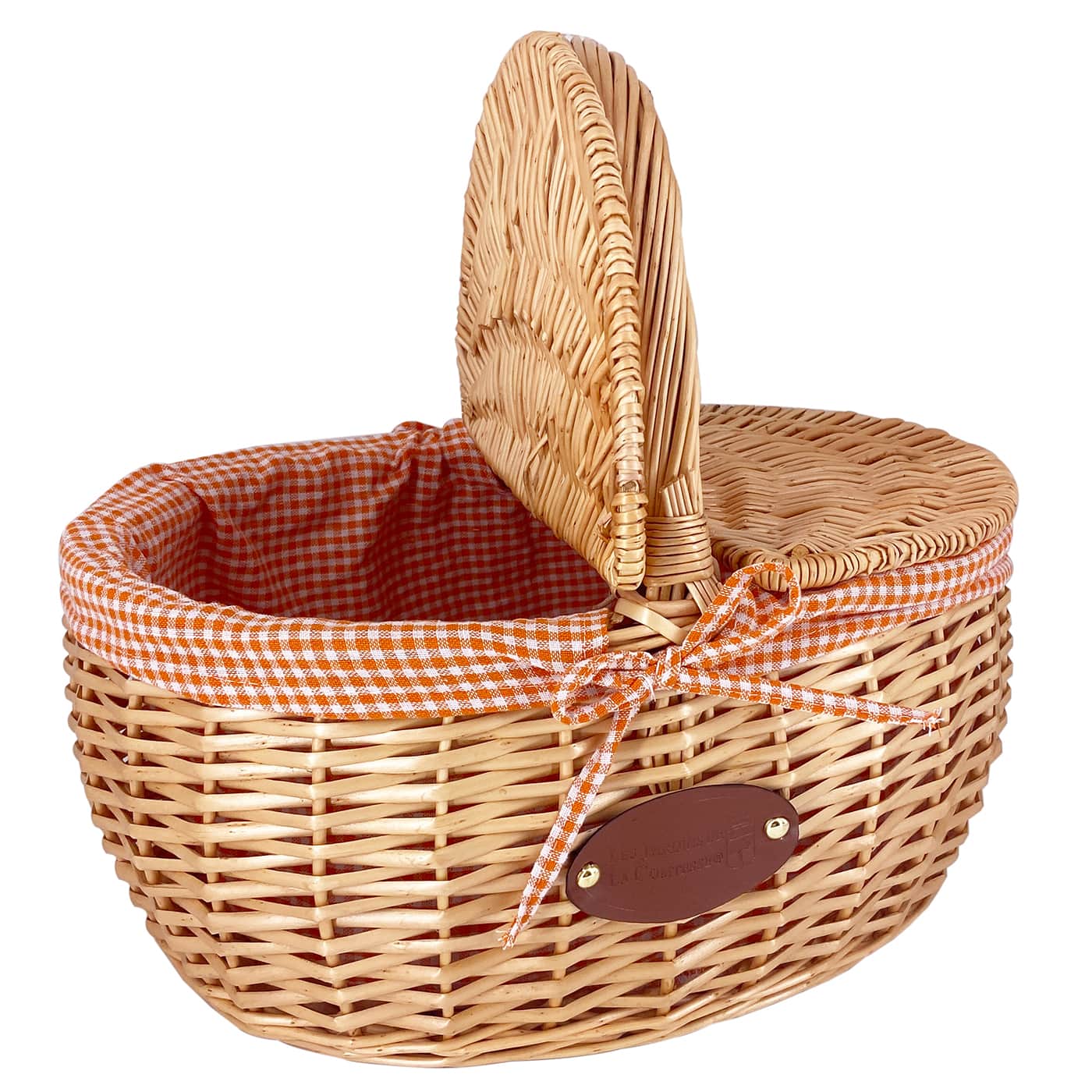 Panier en osier Campagne vichy orange avec couverts et napperons