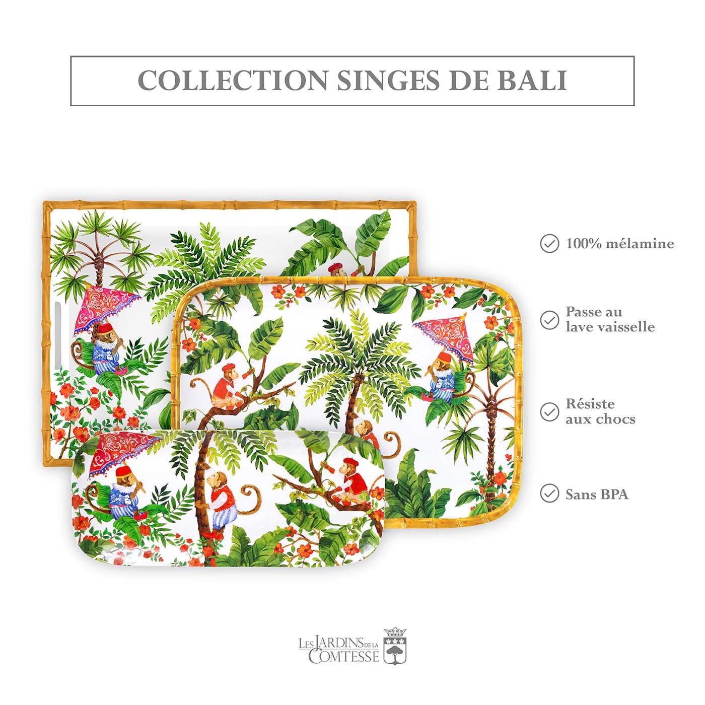 Plateau rectangulaire à coins arrondis en mélamine singes - 45 cm