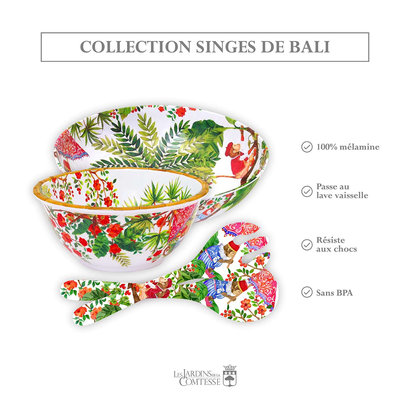 Grand saladier profond en mélamine singes - 25 cm