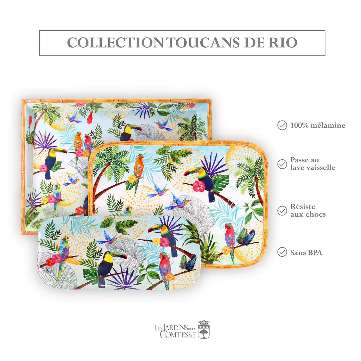 Plateau de présentation rectangulaire en mélamine toucans - 45 x 32 cm